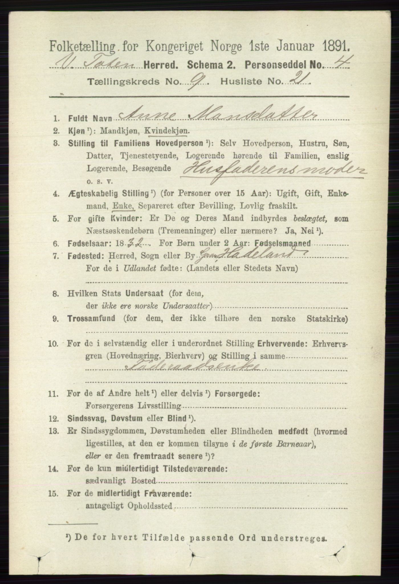RA, 1891 census for 0529 Vestre Toten, 1891, p. 5680