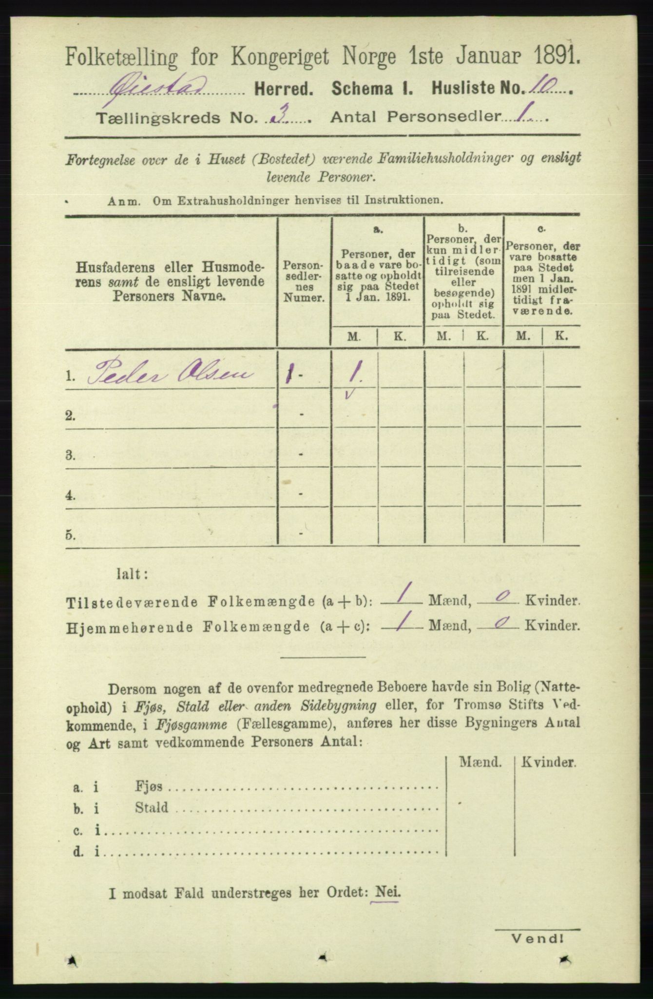 RA, 1891 census for 0920 Øyestad, 1891, p. 845