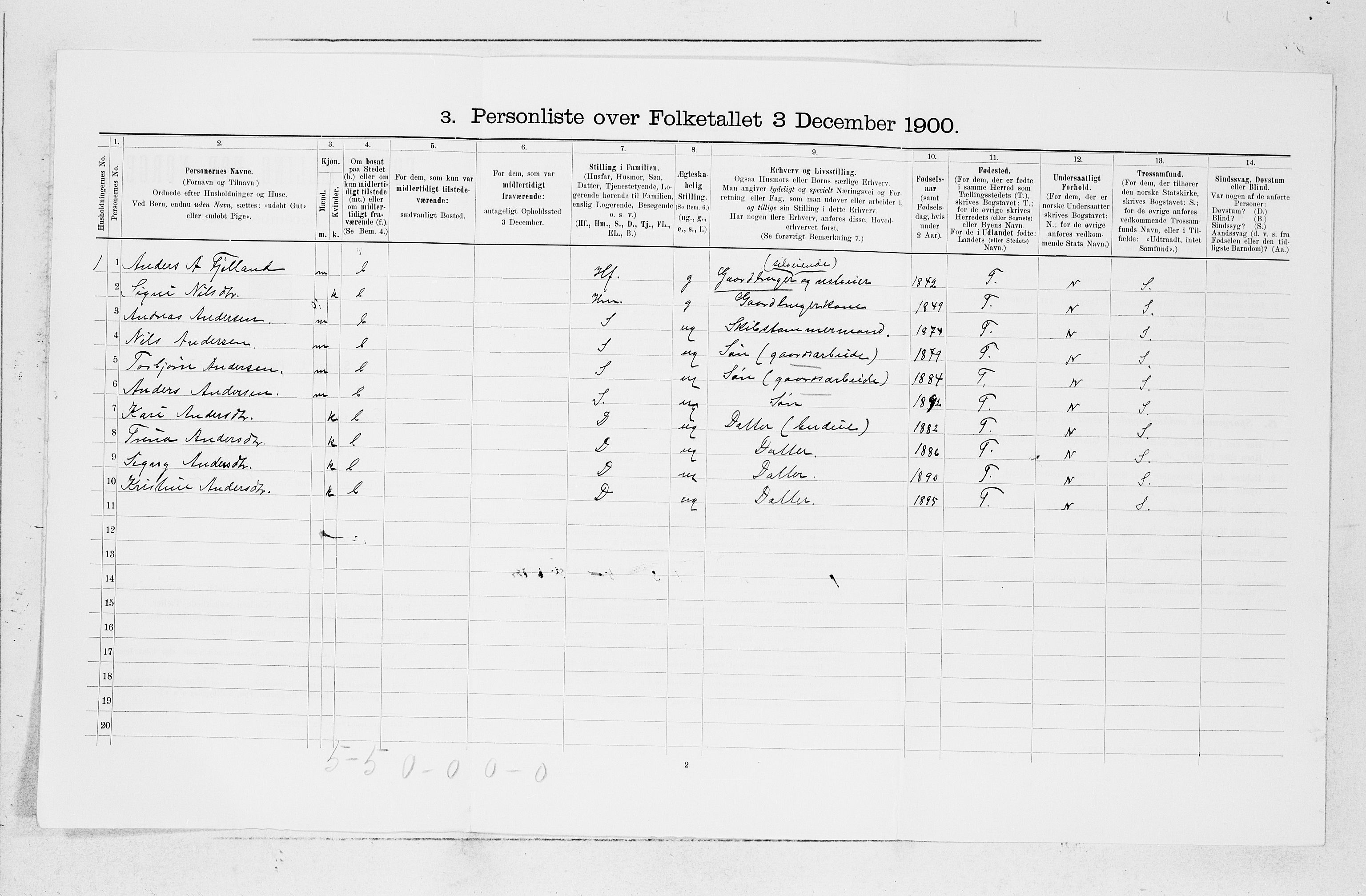 SAB, 1900 census for Fjelberg, 1900, p. 188
