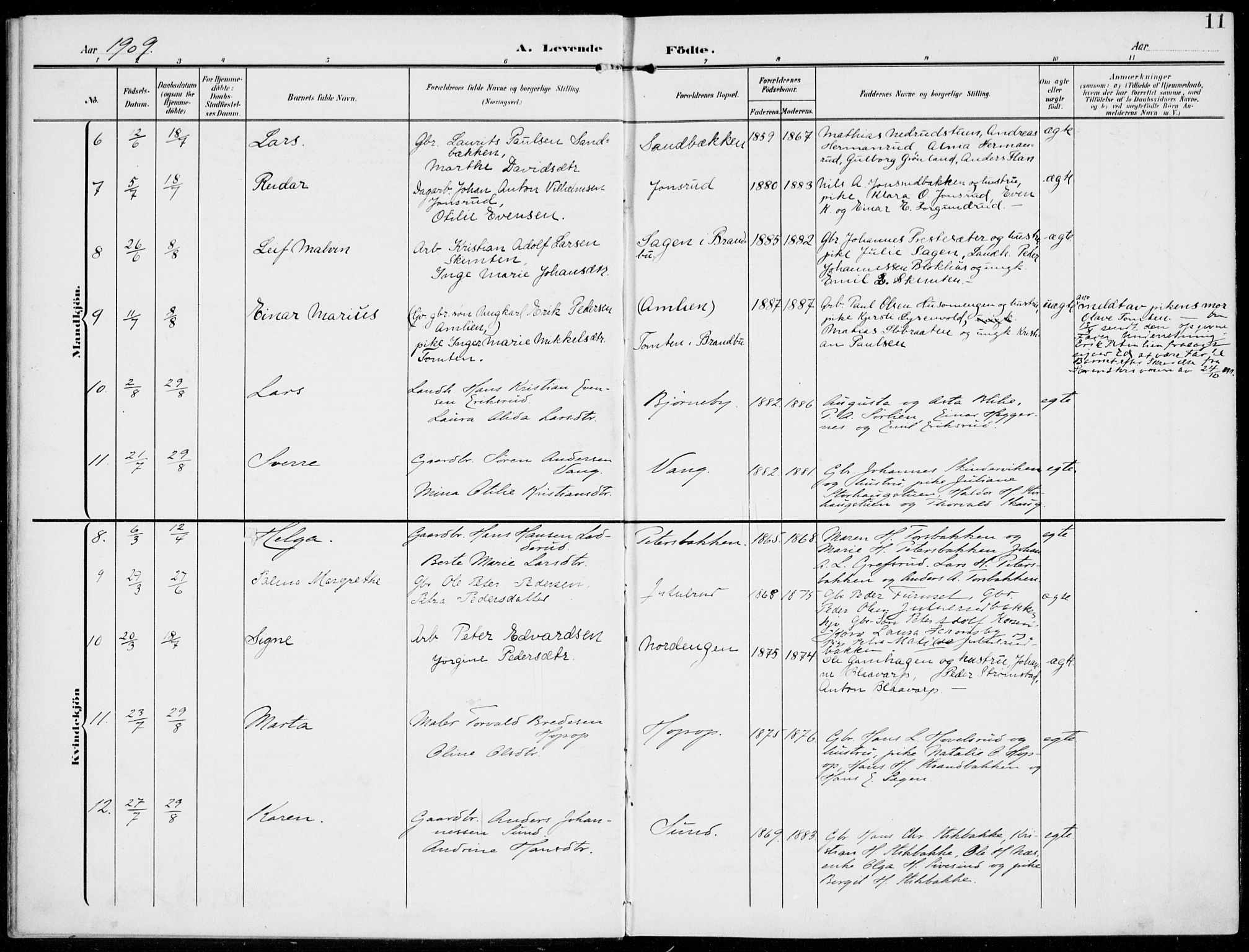 Kolbu prestekontor, SAH/PREST-110/H/Ha/Haa/L0001: Parish register (official) no. 1, 1907-1923, p. 11
