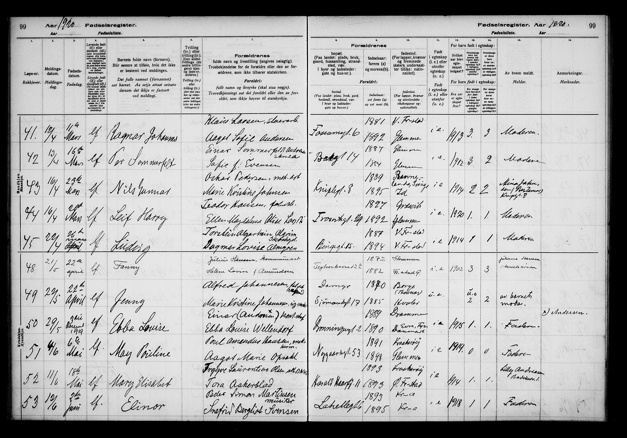 Fredrikstad domkirkes prestekontor Kirkebøker, AV/SAO-A-10906/J/*Ja/L0001: Birth register no. 1, 1916-1925, p. 99