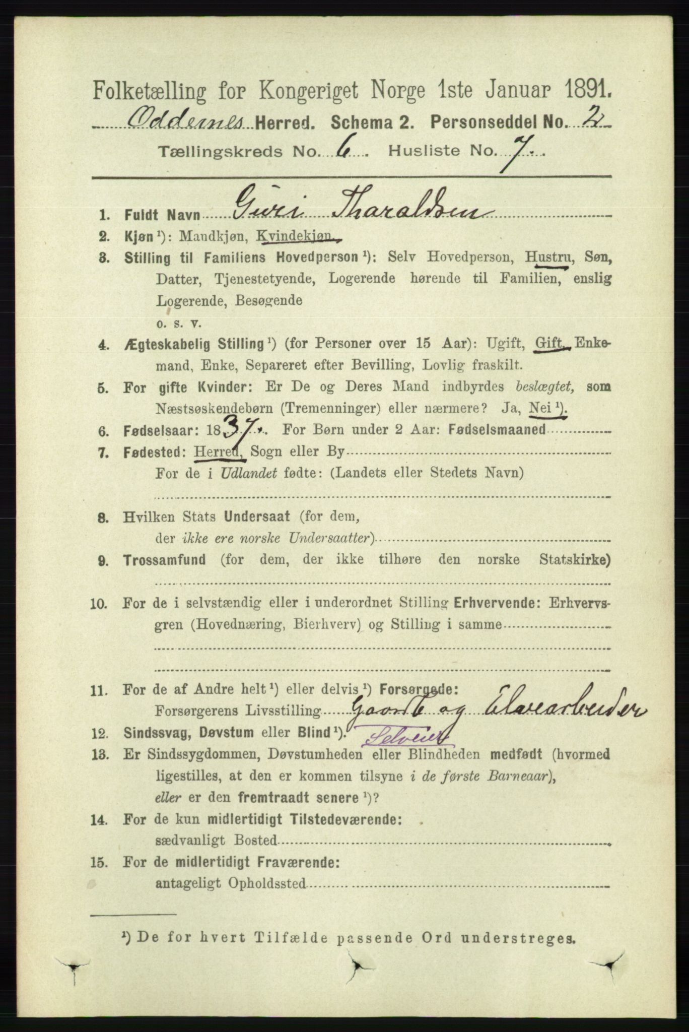 RA, 1891 census for 1012 Oddernes, 1891, p. 2227