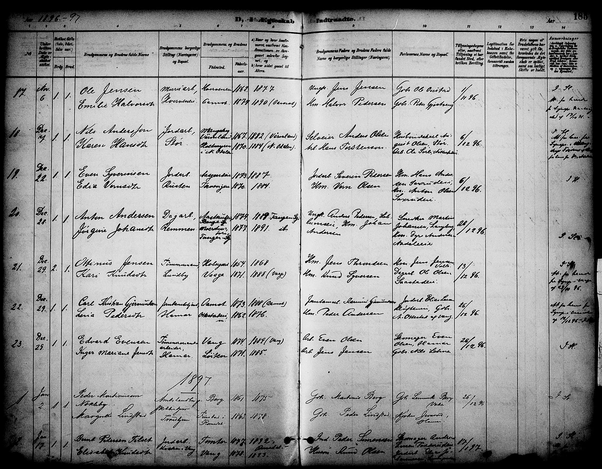 Stange prestekontor, SAH/PREST-002/K/L0020: Parish register (official) no. 20, 1894-1905, p. 185