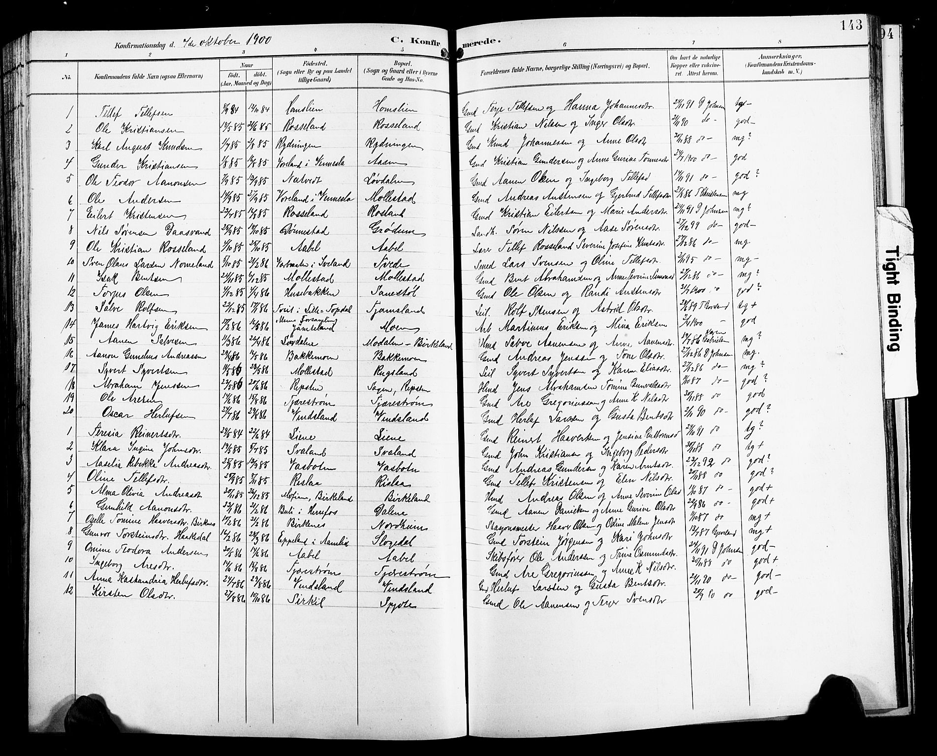 Birkenes sokneprestkontor, SAK/1111-0004/F/Fb/L0004: Parish register (copy) no. B 4, 1893-1930, p. 143