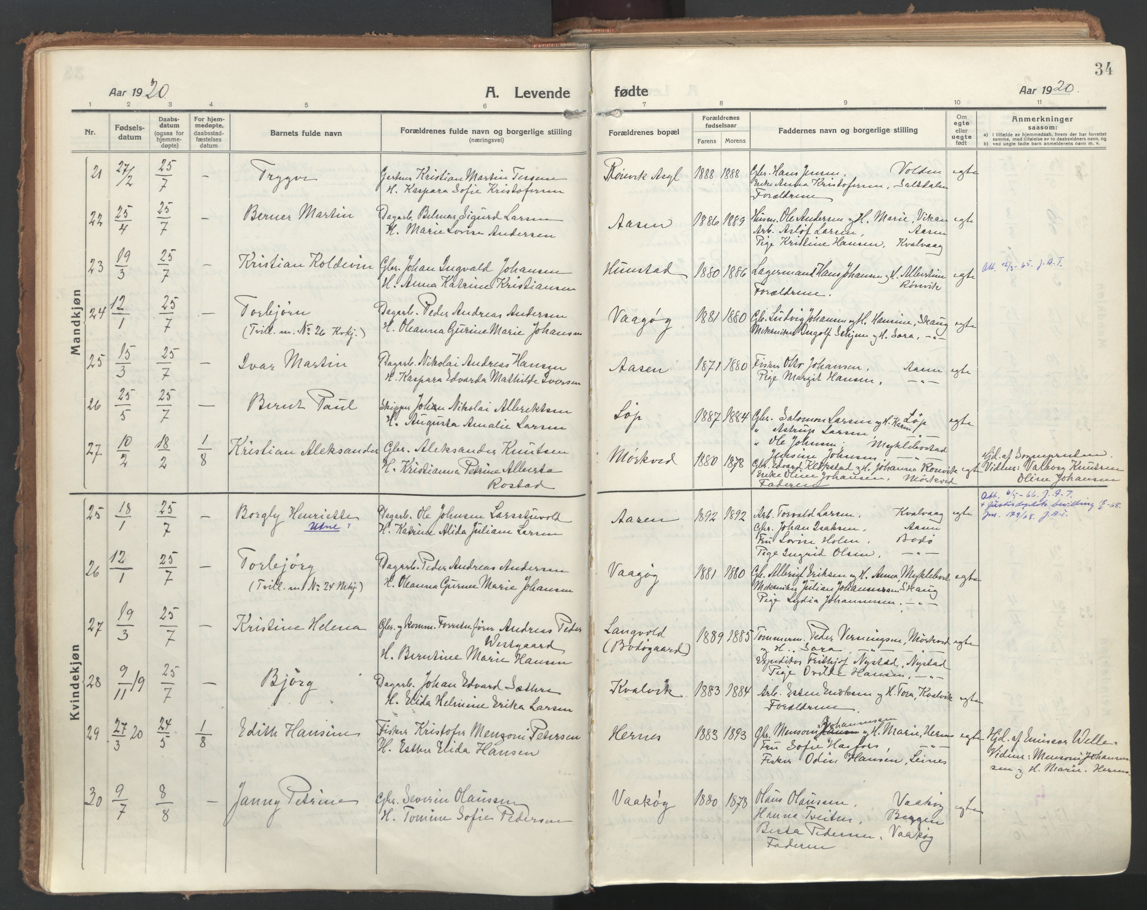 Ministerialprotokoller, klokkerbøker og fødselsregistre - Nordland, AV/SAT-A-1459/802/L0060: Parish register (official) no. 802A07, 1916-1933, p. 34