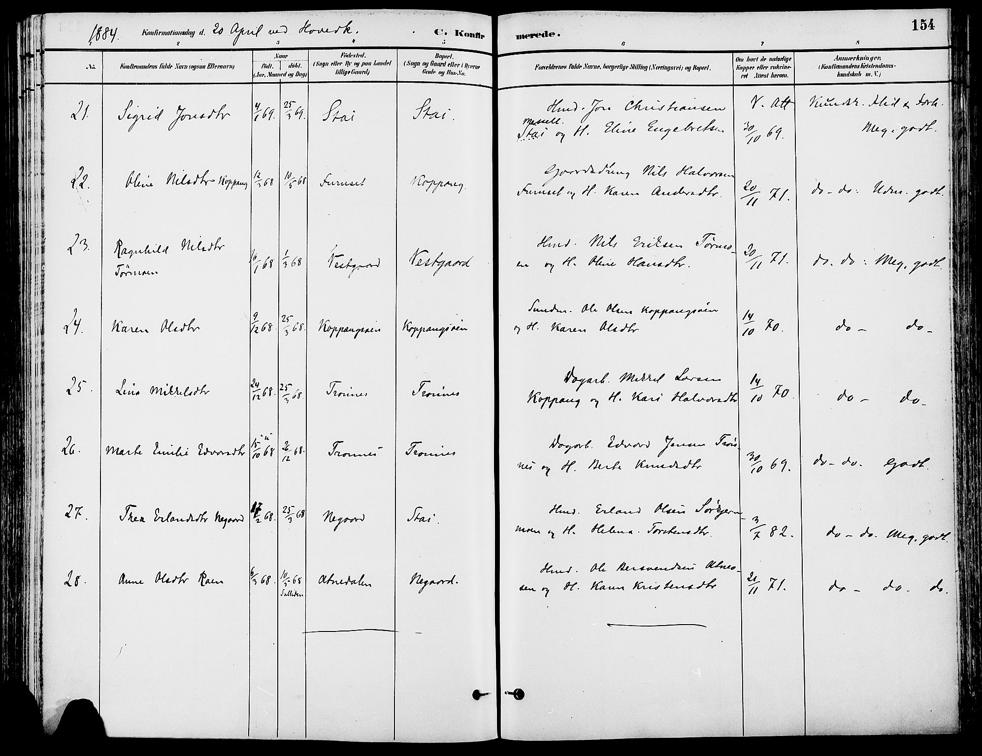 Stor-Elvdal prestekontor, AV/SAH-PREST-052/H/Ha/Haa/L0002: Parish register (official) no. 2, 1882-1907, p. 154