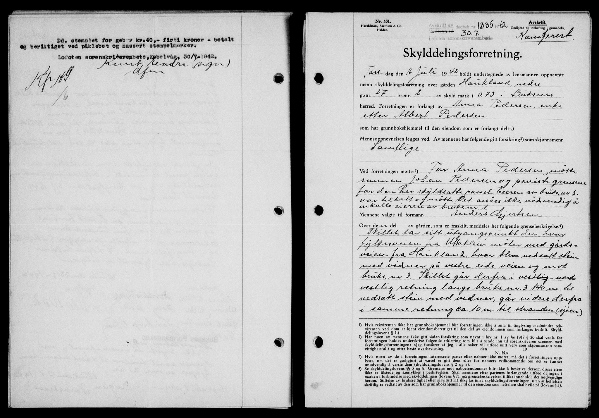 Lofoten sorenskriveri, SAT/A-0017/1/2/2C/L0010a: Mortgage book no. 10a, 1942-1943, Diary no: : 1335/1942