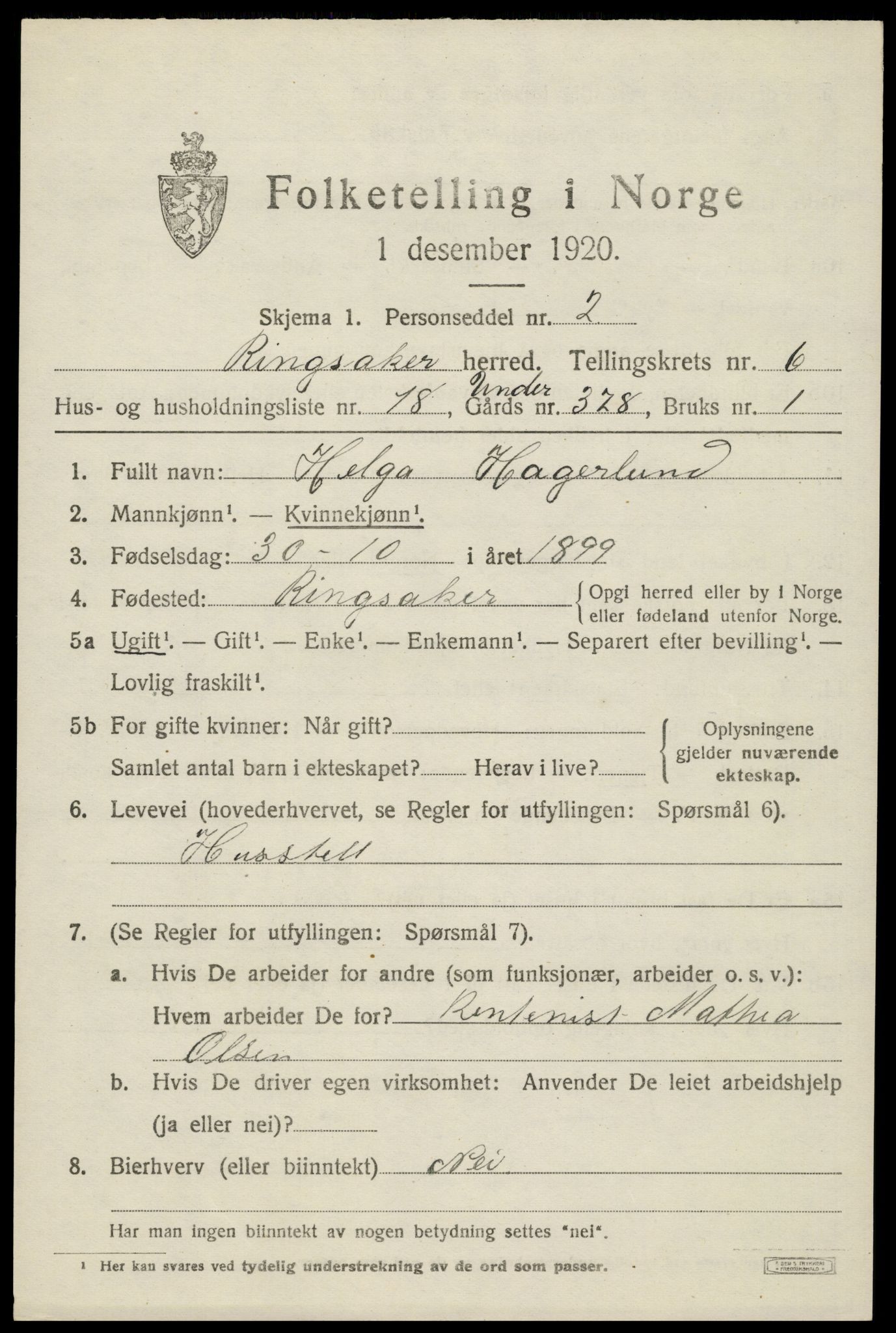 SAH, 1920 census for Ringsaker, 1920, p. 11460
