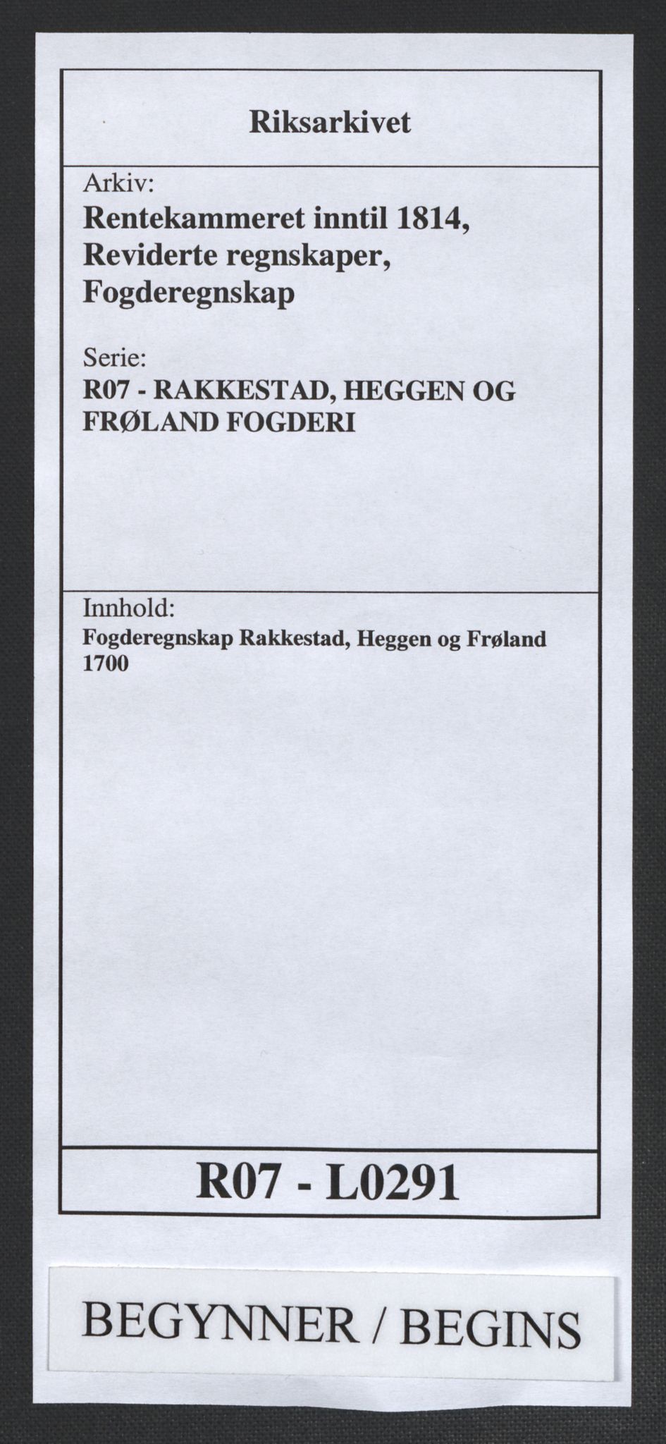Rentekammeret inntil 1814, Reviderte regnskaper, Fogderegnskap, RA/EA-4092/R07/L0291: Fogderegnskap Rakkestad, Heggen og Frøland, 1700, p. 1