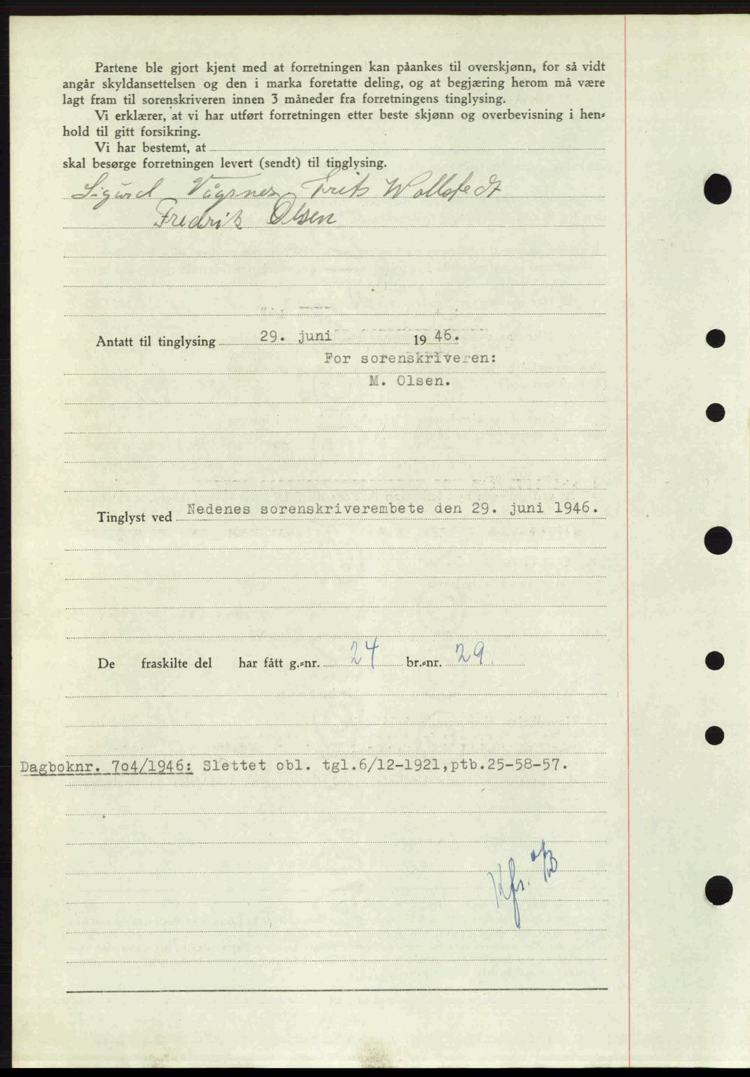 Nedenes sorenskriveri, AV/SAK-1221-0006/G/Gb/Gba/L0055: Mortgage book no. A7, 1946-1946, Diary no: : 703/1946