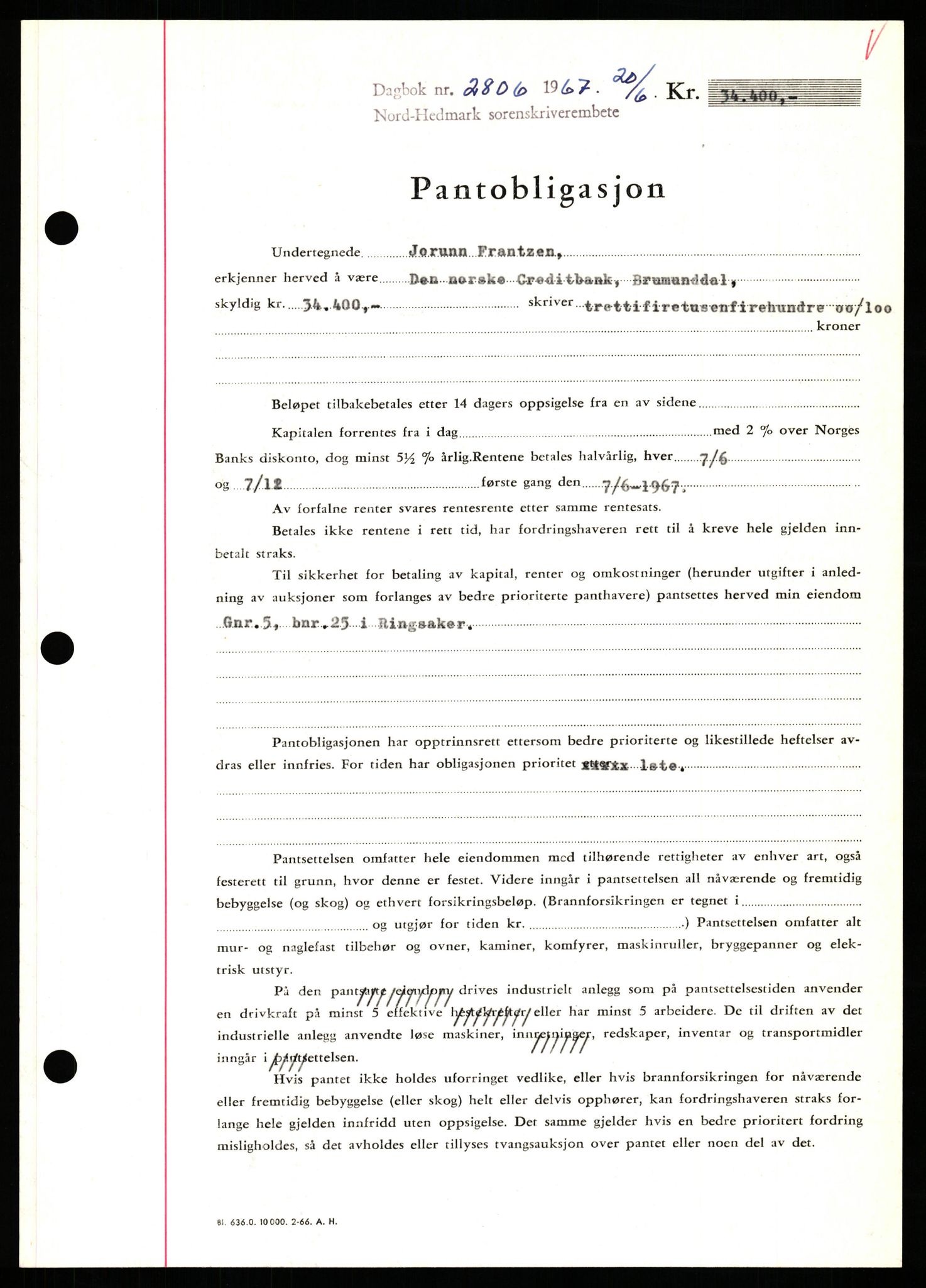 Nord-Hedmark sorenskriveri, SAH/TING-012/H/Hb/Hbf/L0071: Mortgage book no. B71, 1967-1967, Diary no: : 2806/1967