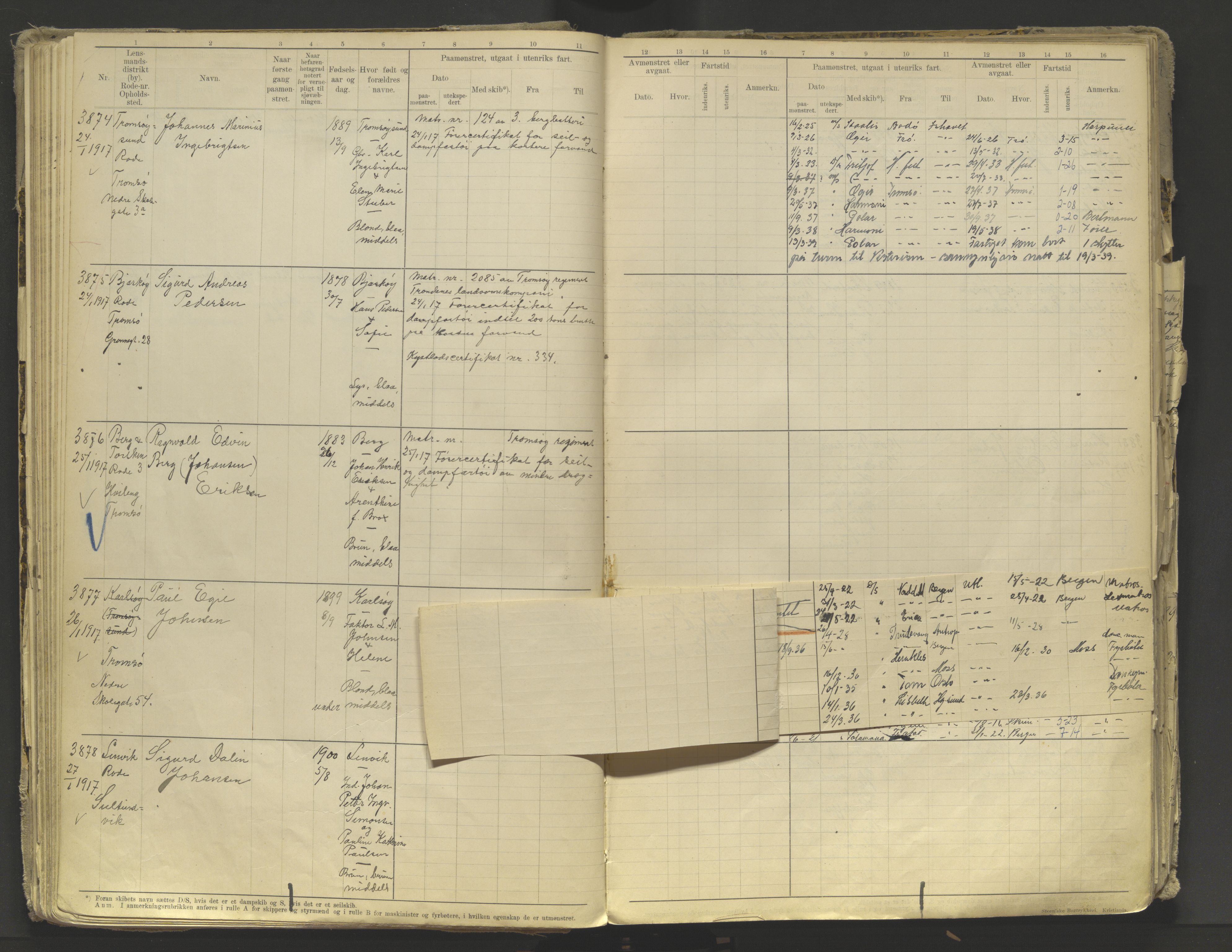 Tromsø sjømannskontor/innrullerings-/mønstringsdistrikt, AV/SATØ-S-0243/F/Fb/L0010: Annotasjonsrulle. Defekt: løs innbinding. Nr. 3519-4972, 1916-1920