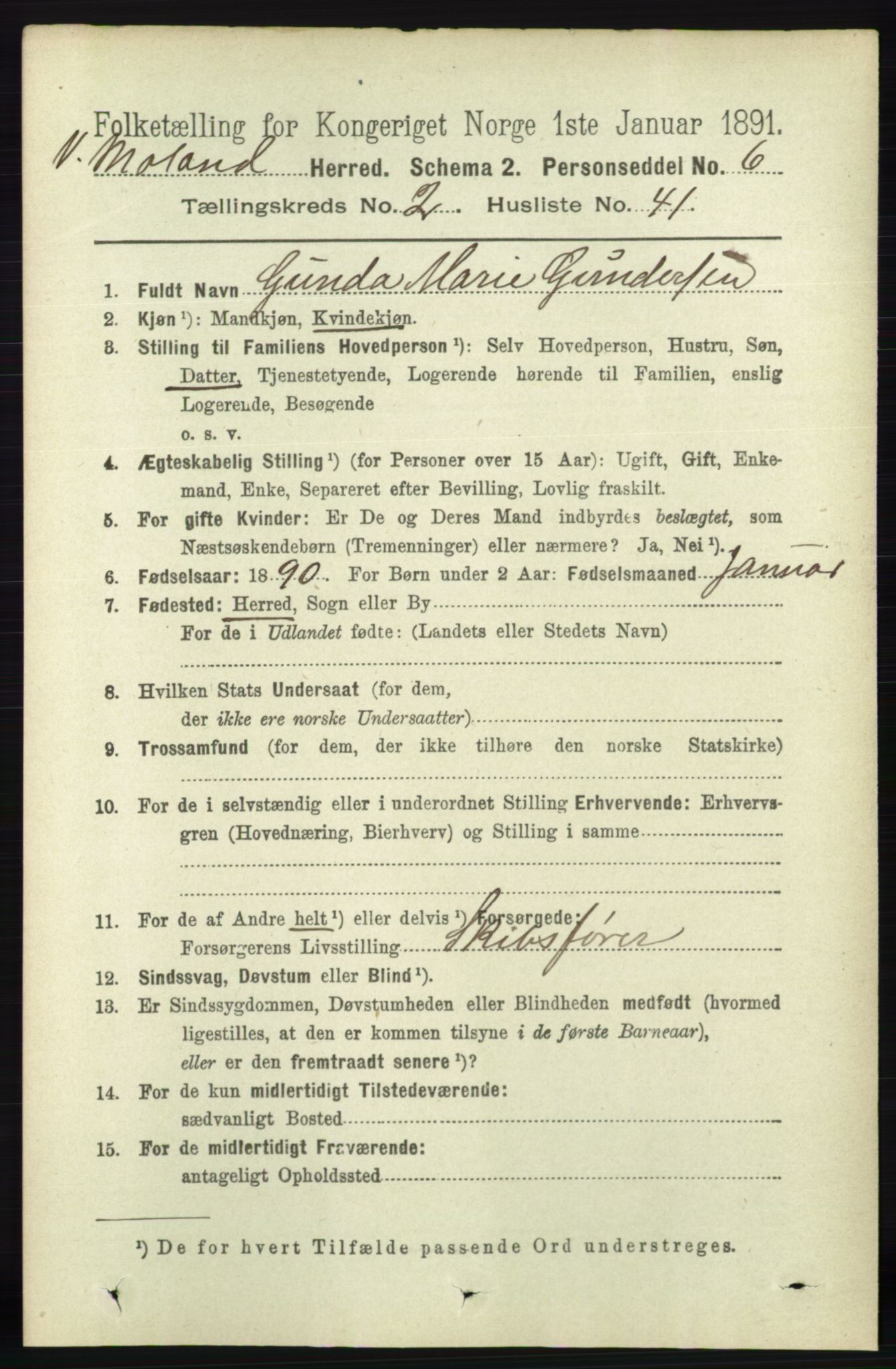 RA, 1891 census for 0926 Vestre Moland, 1891, p. 836