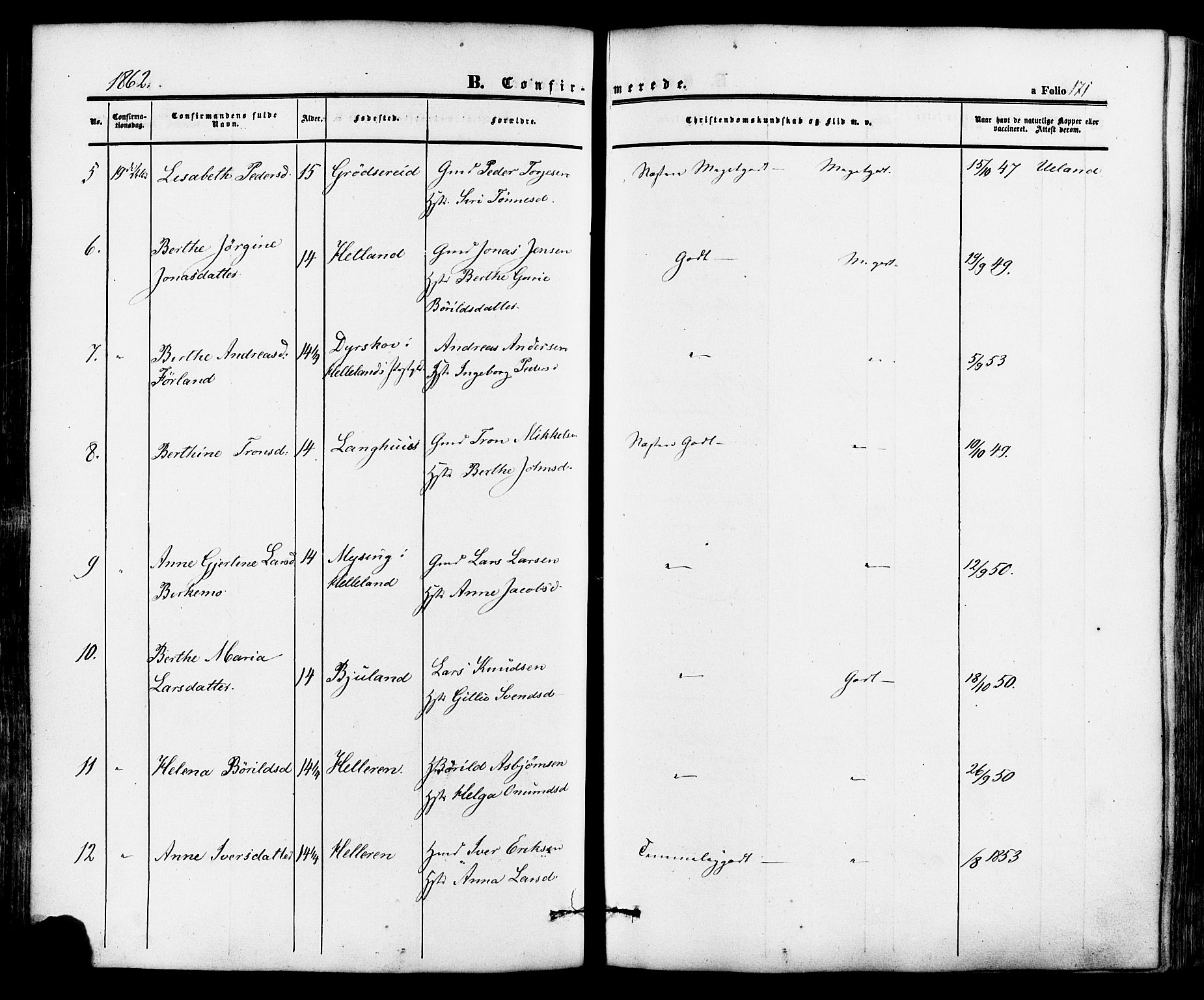 Lund sokneprestkontor, AV/SAST-A-101809/S06/L0010: Parish register (official) no. A 9, 1854-1886, p. 171