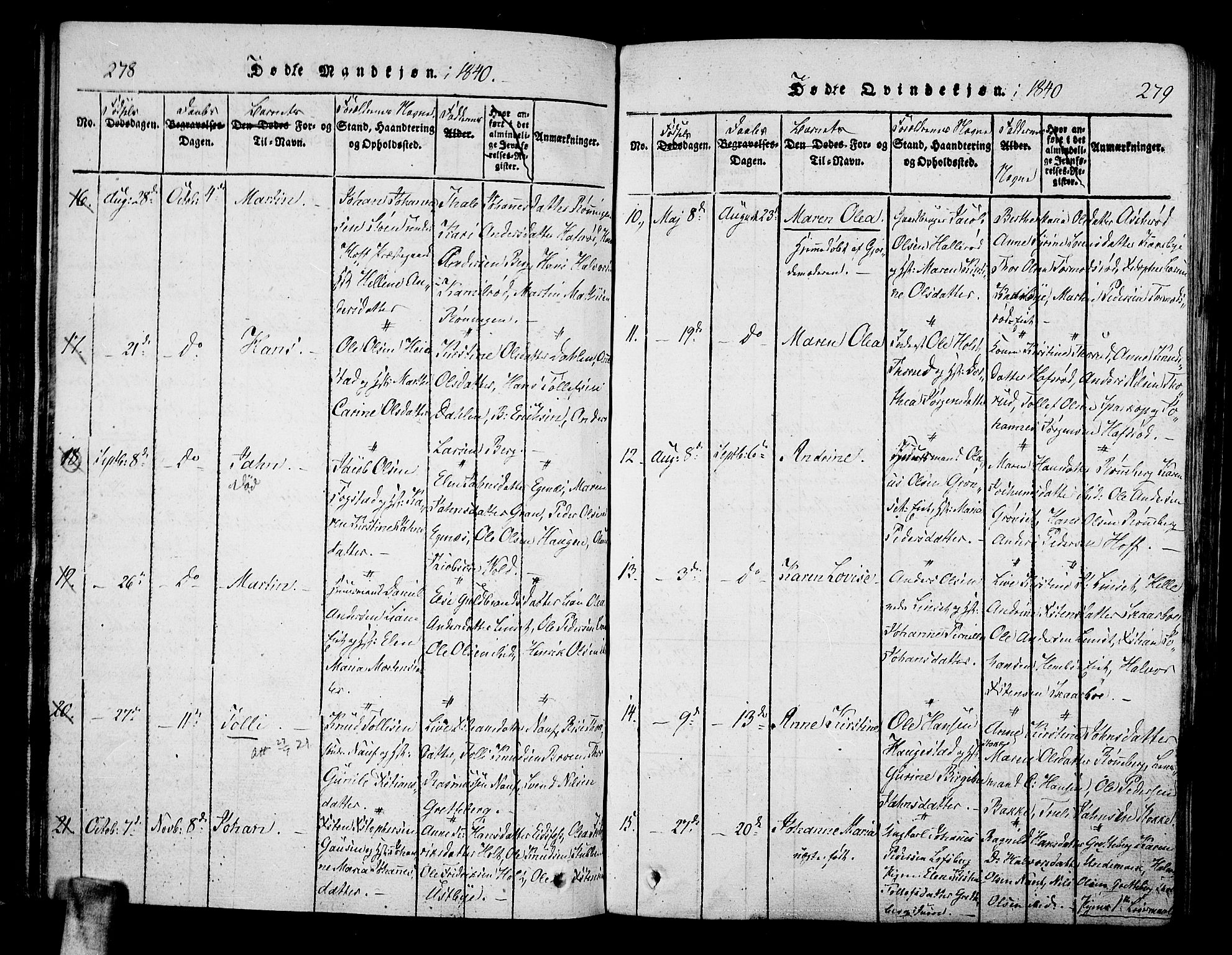 Hof kirkebøker, AV/SAKO-A-64/F/Fa/L0004: Parish register (official) no. I 4, 1814-1843, p. 278-279