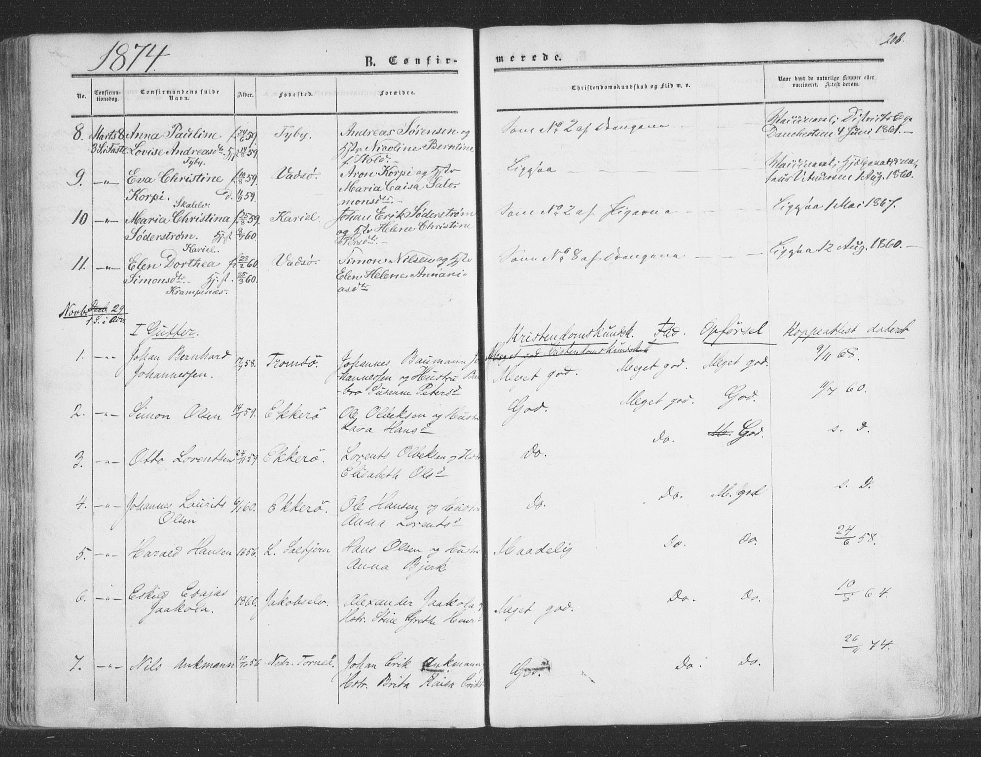 Vadsø sokneprestkontor, AV/SATØ-S-1325/H/Ha/L0004kirke: Parish register (official) no. 4, 1854-1880, p. 208