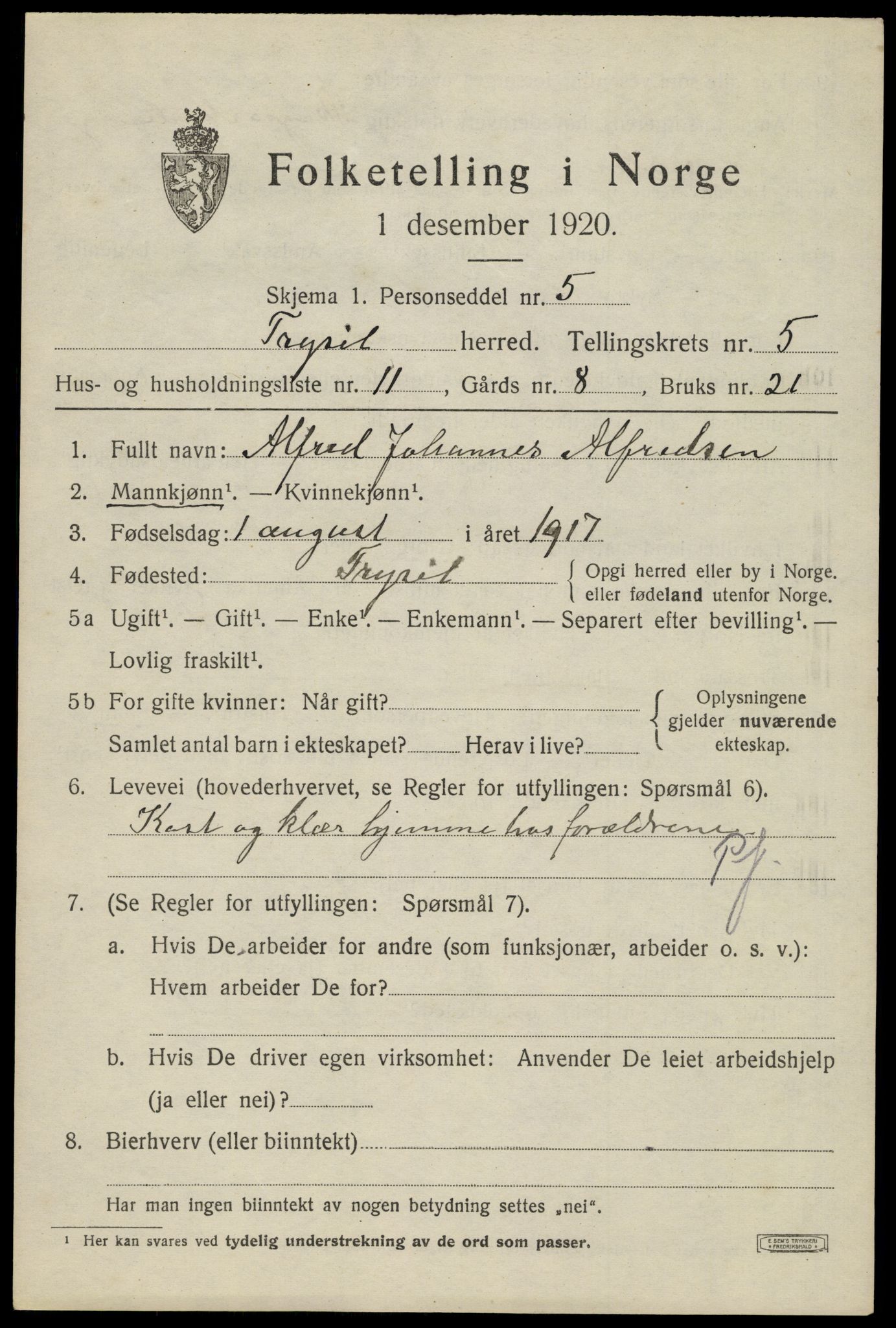 SAH, 1920 census for Trysil, 1920, p. 4423