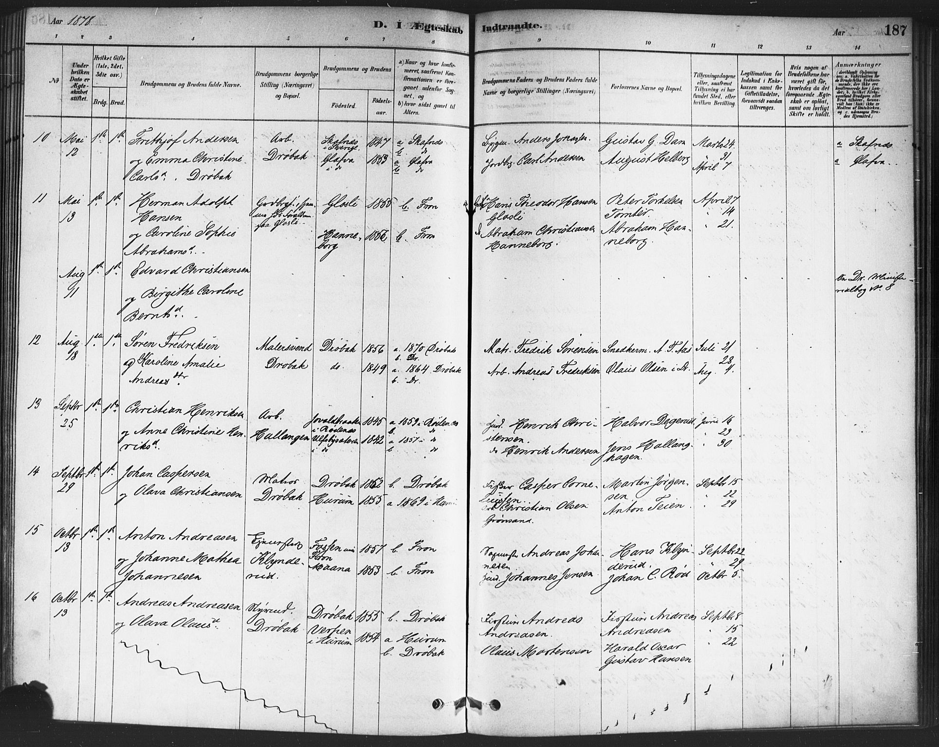 Drøbak prestekontor Kirkebøker, SAO/A-10142a/F/Fc/L0002: Parish register (official) no. III 2, 1878-1891, p. 187