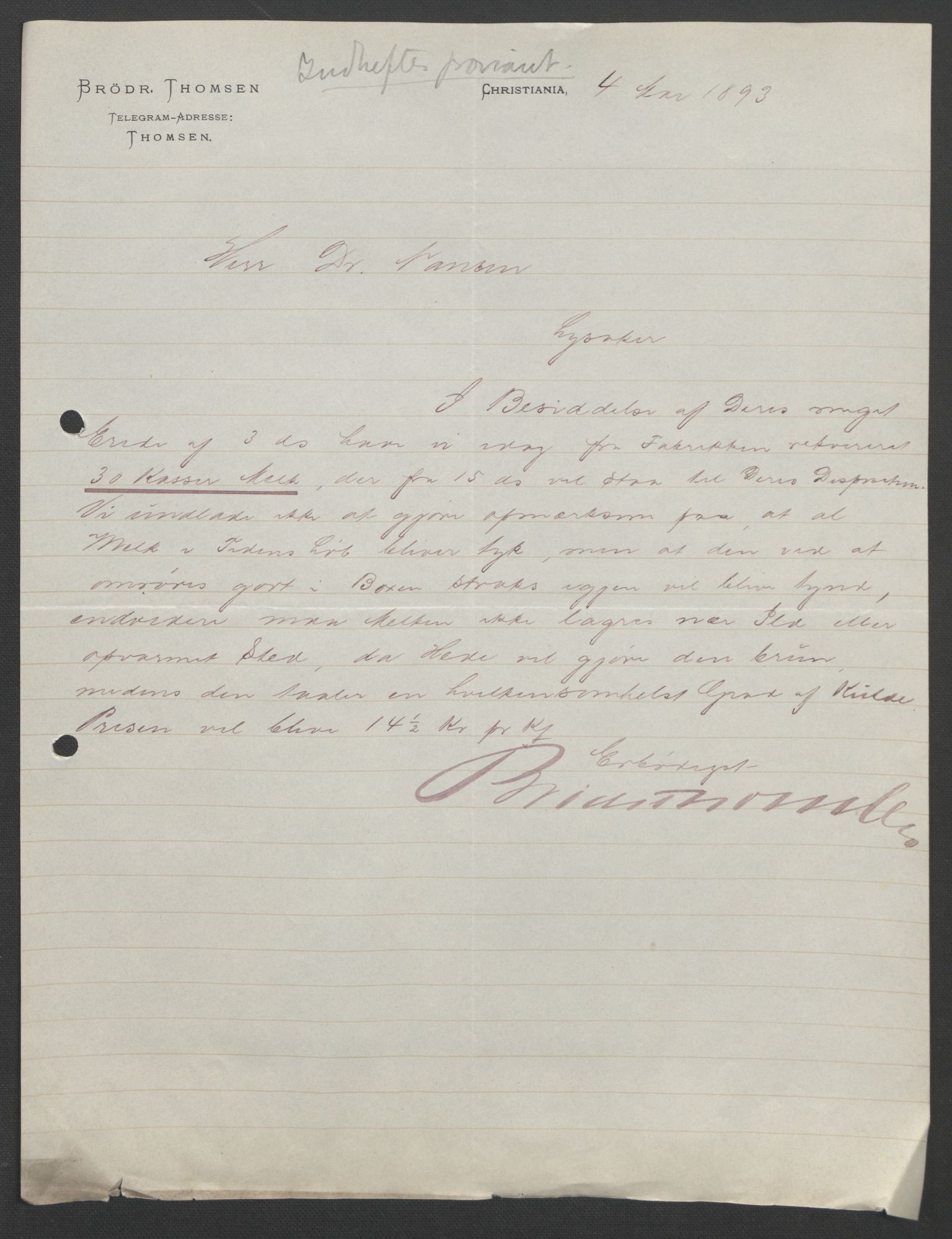 Arbeidskomitéen for Fridtjof Nansens polarekspedisjon, AV/RA-PA-0061/D/L0004: Innk. brev og telegrammer vedr. proviant og utrustning, 1892-1893, p. 810