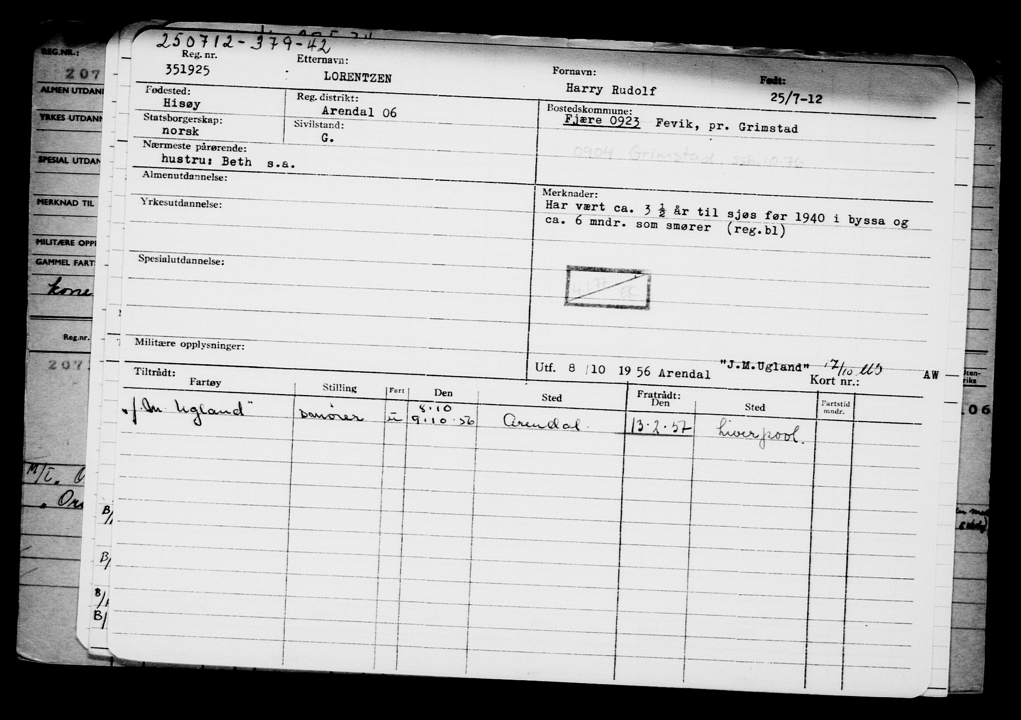 Direktoratet for sjømenn, AV/RA-S-3545/G/Gb/L0106: Hovedkort, 1912, p. 157