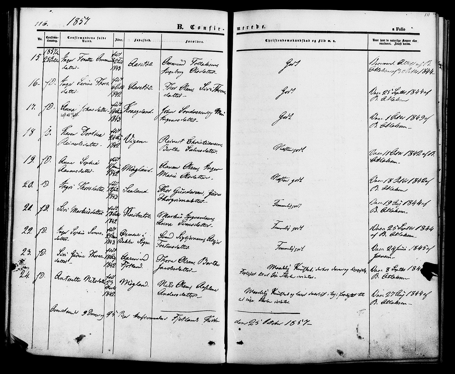 Fjotland sokneprestkontor, AV/SAK-1111-0010/F/Fa/L0001: Parish register (official) no. A 1, 1850-1879, p. 111