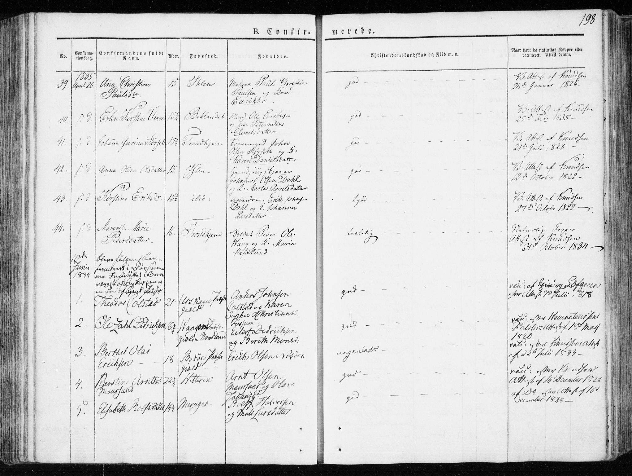 Ministerialprotokoller, klokkerbøker og fødselsregistre - Sør-Trøndelag, AV/SAT-A-1456/601/L0047: Parish register (official) no. 601A15, 1831-1839, p. 198