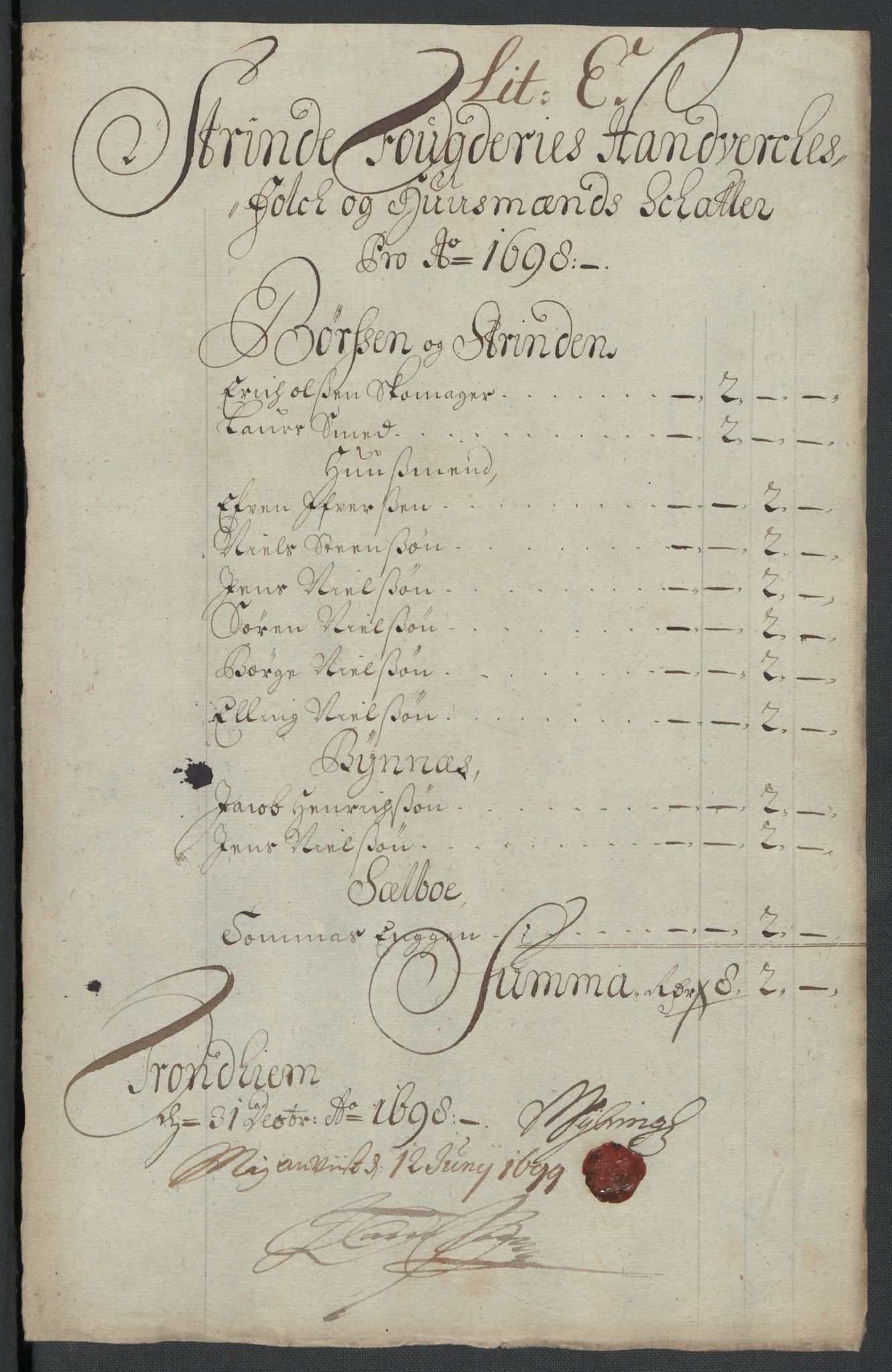 Rentekammeret inntil 1814, Reviderte regnskaper, Fogderegnskap, RA/EA-4092/R61/L4107: Fogderegnskap Strinda og Selbu, 1698-1700, p. 100