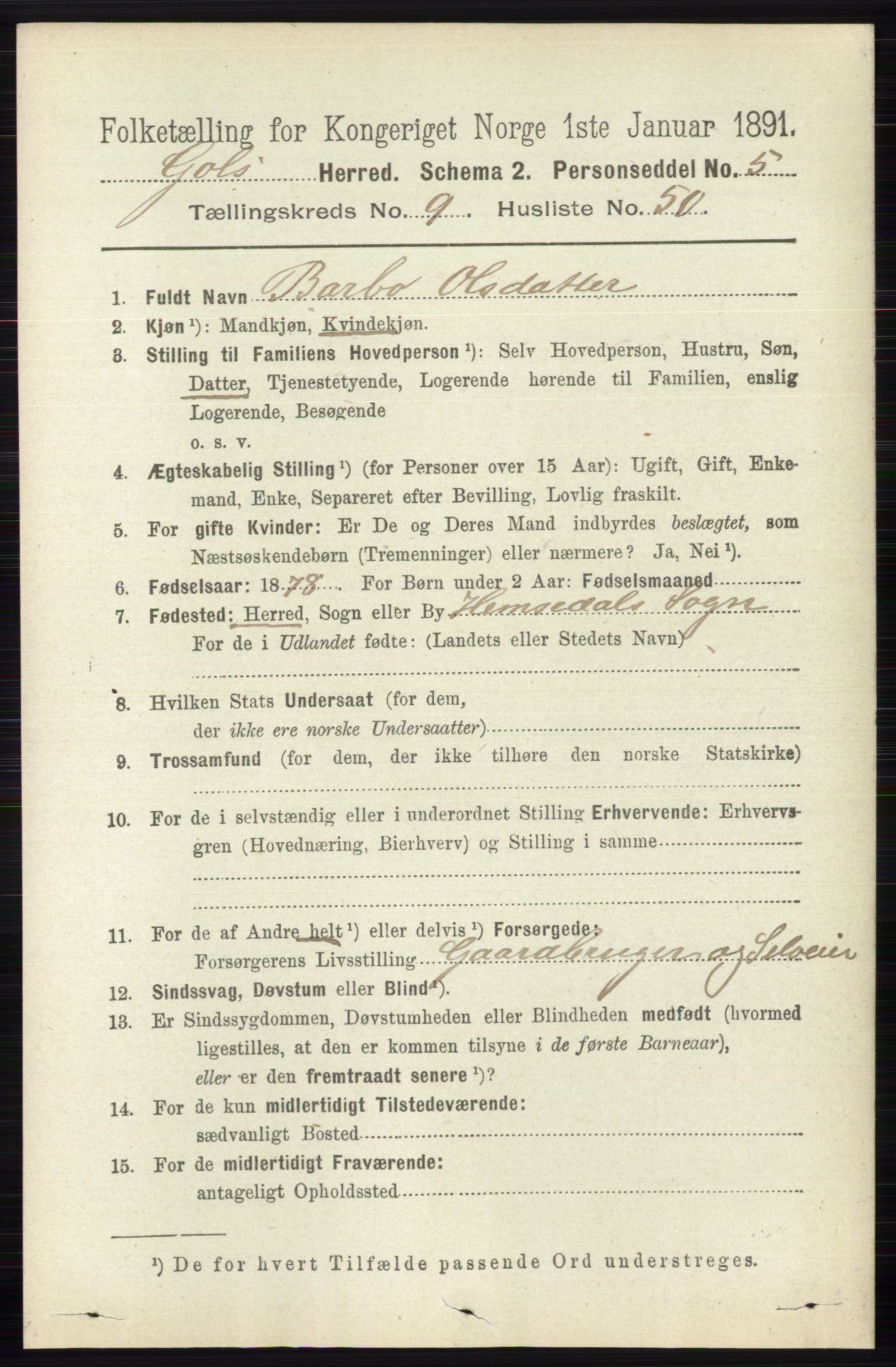 RA, 1891 census for 0617 Gol og Hemsedal, 1891, p. 3682