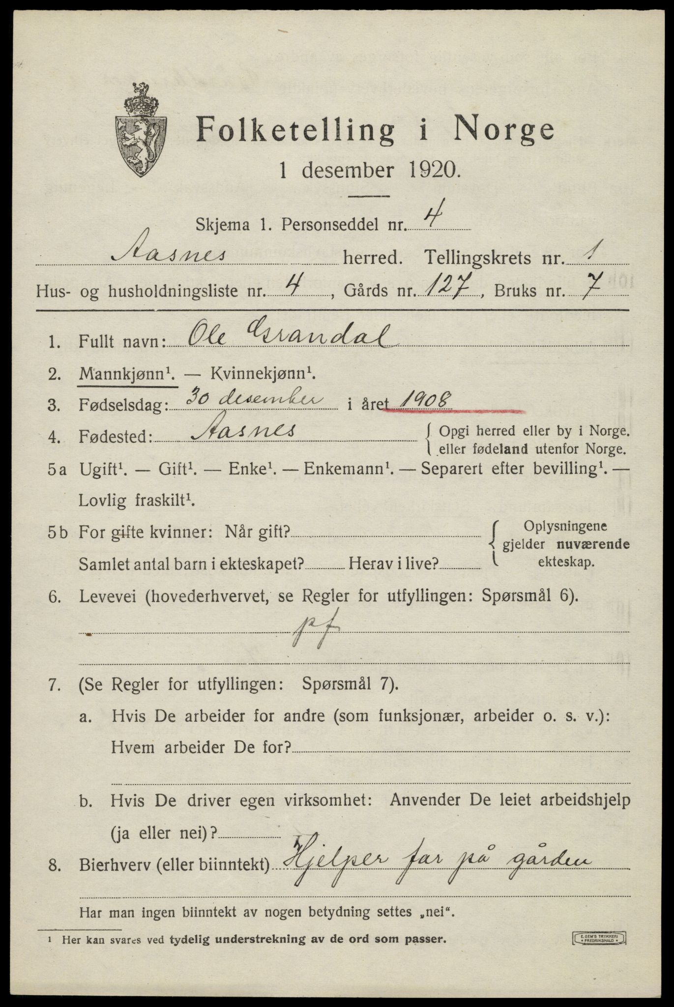 SAH, 1920 census for Åsnes, 1920, p. 2192