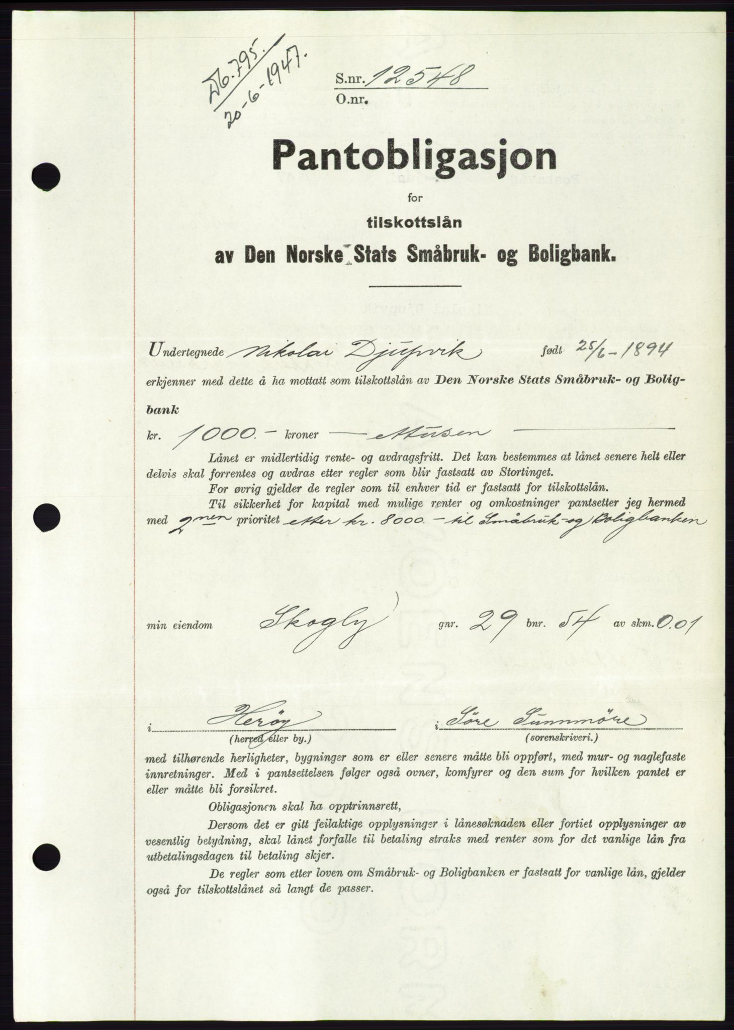 Søre Sunnmøre sorenskriveri, AV/SAT-A-4122/1/2/2C/L0115: Mortgage book no. 3B, 1947-1948, Diary no: : 795/1947