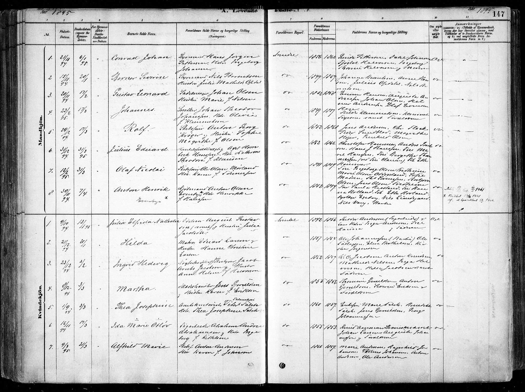 Arendal sokneprestkontor, Trefoldighet, SAK/1111-0040/F/Fa/L0008: Parish register (official) no. A 8, 1878-1899, p. 147