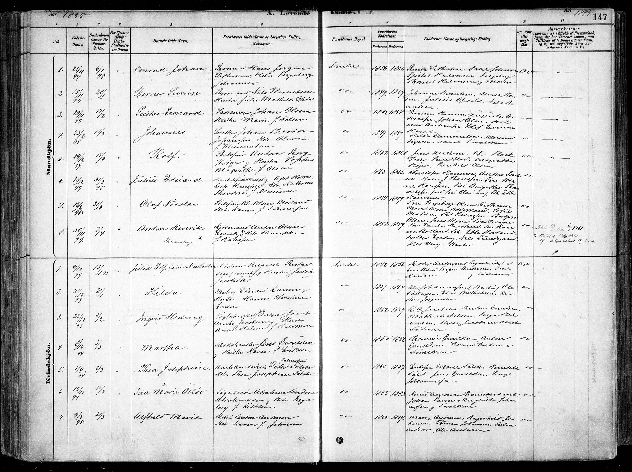 Arendal sokneprestkontor, Trefoldighet, AV/SAK-1111-0040/F/Fa/L0008: Parish register (official) no. A 8, 1878-1899, p. 147