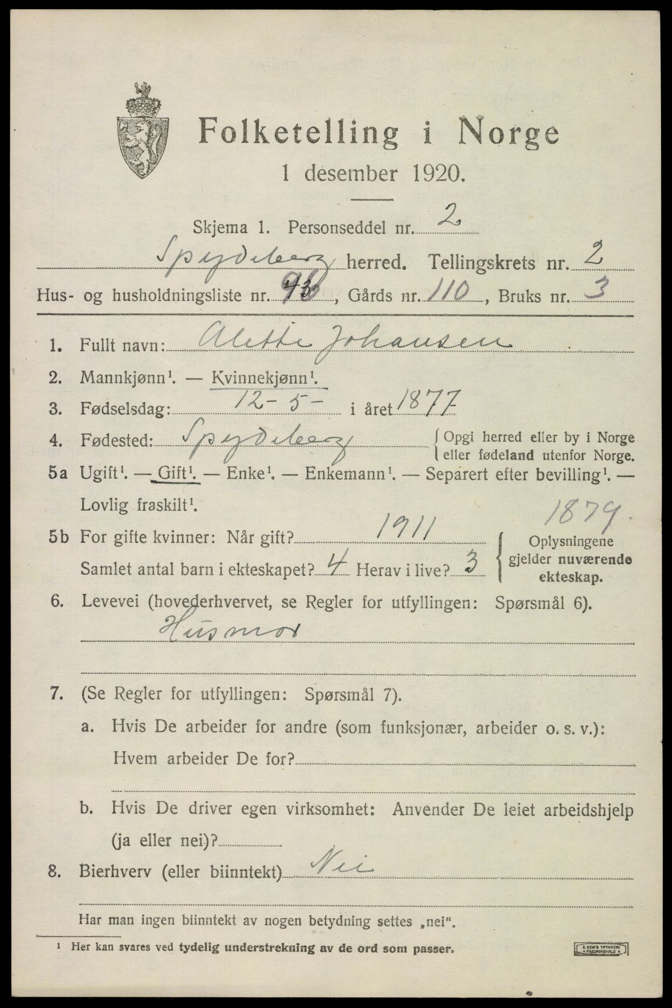 SAO, 1920 census for Spydeberg, 1920, p. 4057