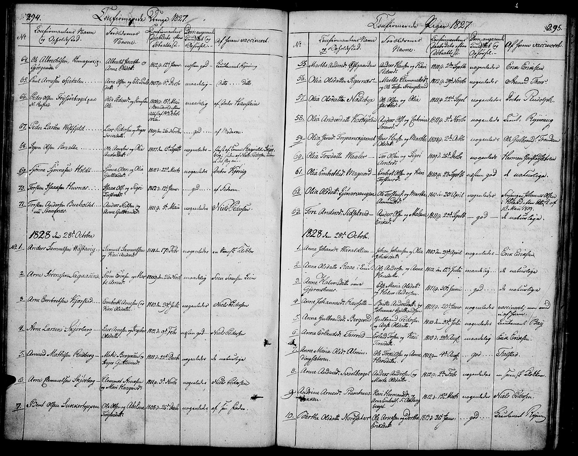 Vinger prestekontor, SAH/PREST-024/H/Ha/Hab/L0002: Parish register (copy) no. 2, 1818-1834, p. 294-295