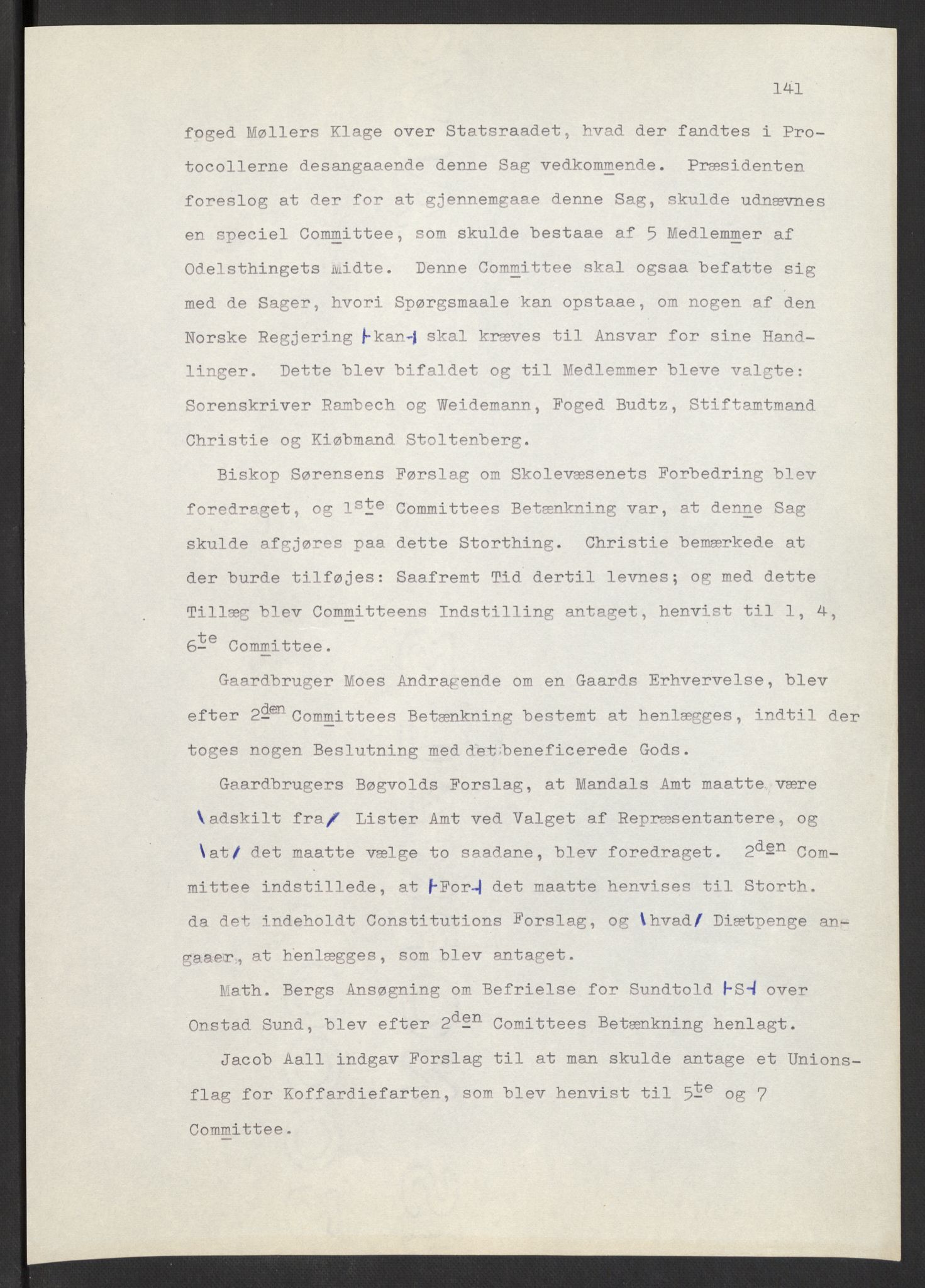 Manuskriptsamlingen, AV/RA-EA-3667/F/L0197: Wetlesen, Hans Jørgen (stortingsmann, ingeniørkaptein); Referat fra Stortinget 1815-1816, 1815-1816, p. 141