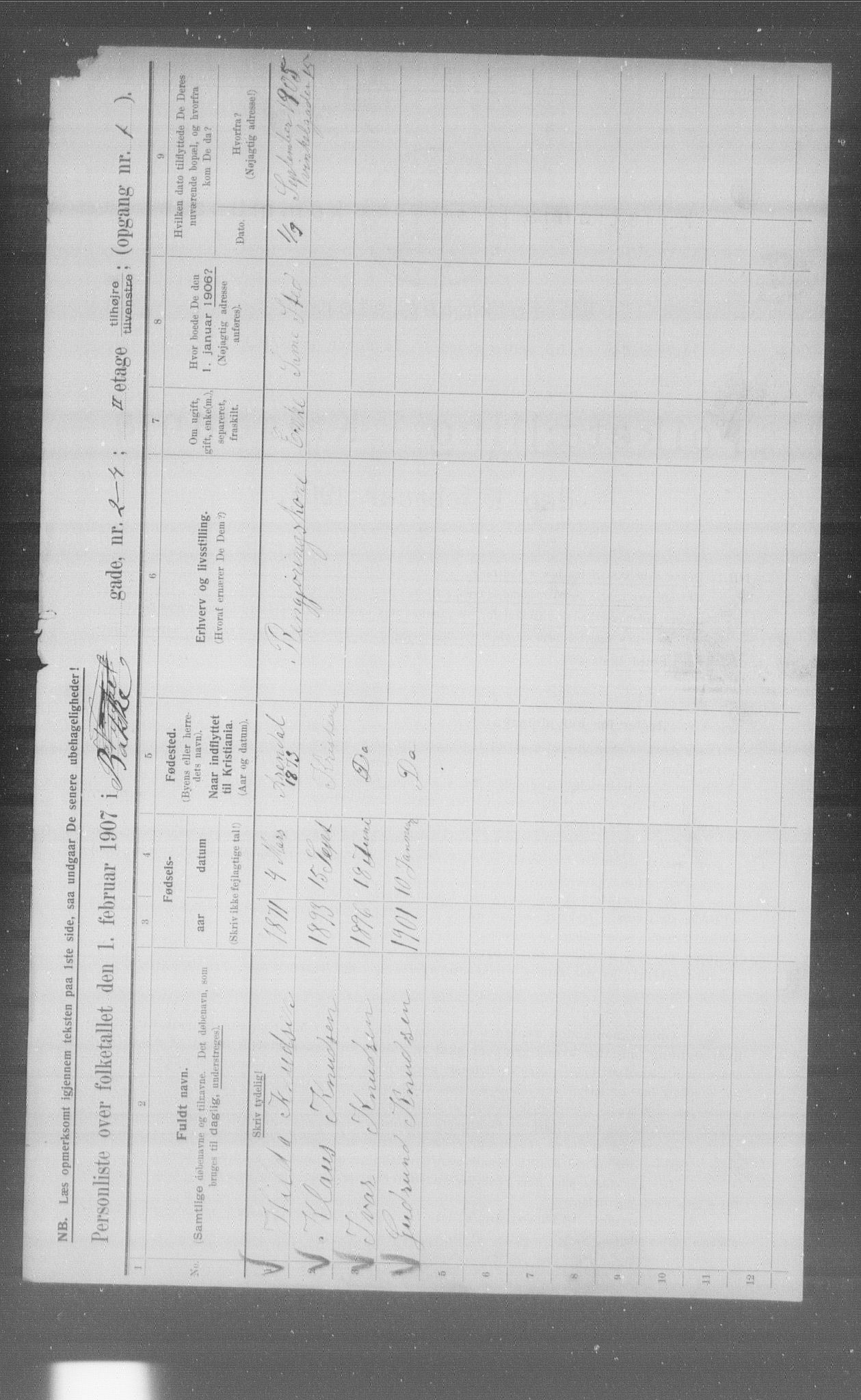 OBA, Municipal Census 1907 for Kristiania, 1907, p. 1443