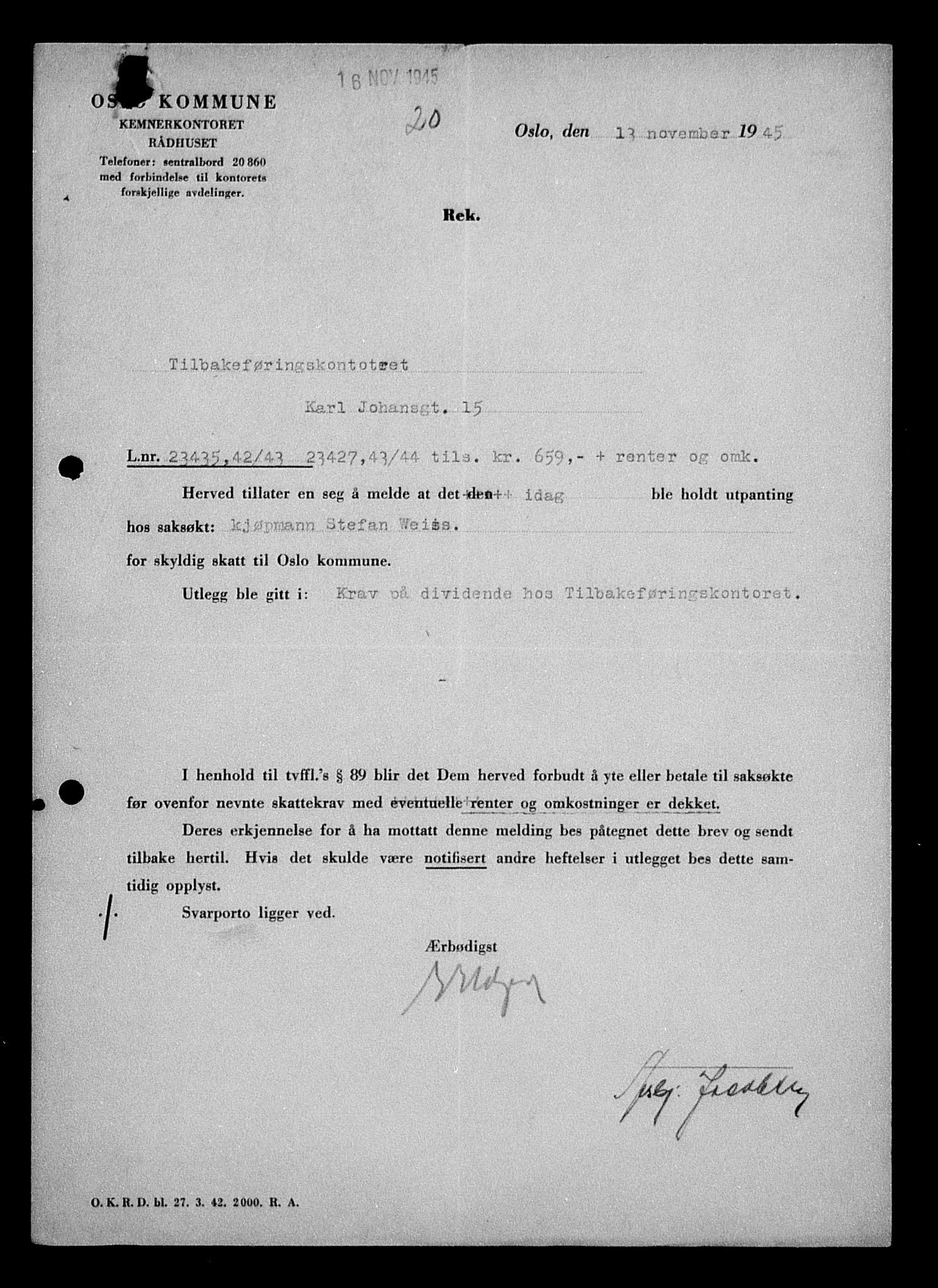 Justisdepartementet, Tilbakeføringskontoret for inndratte formuer, AV/RA-S-1564/H/Hc/Hcc/L0986: --, 1945-1947, p. 274