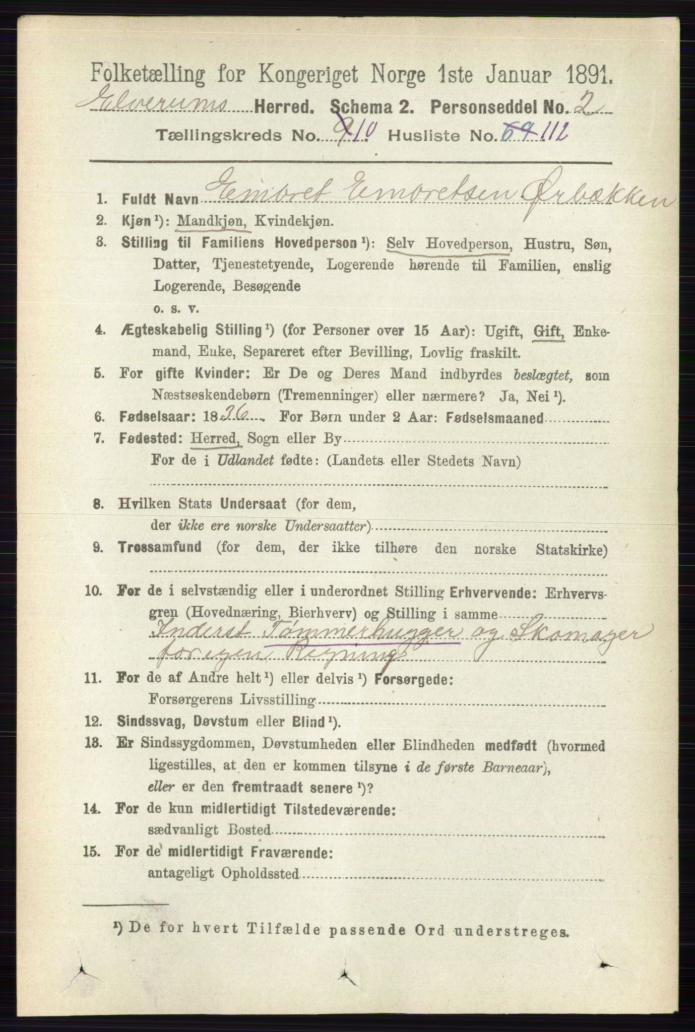 RA, 1891 census for 0427 Elverum, 1891, p. 8925