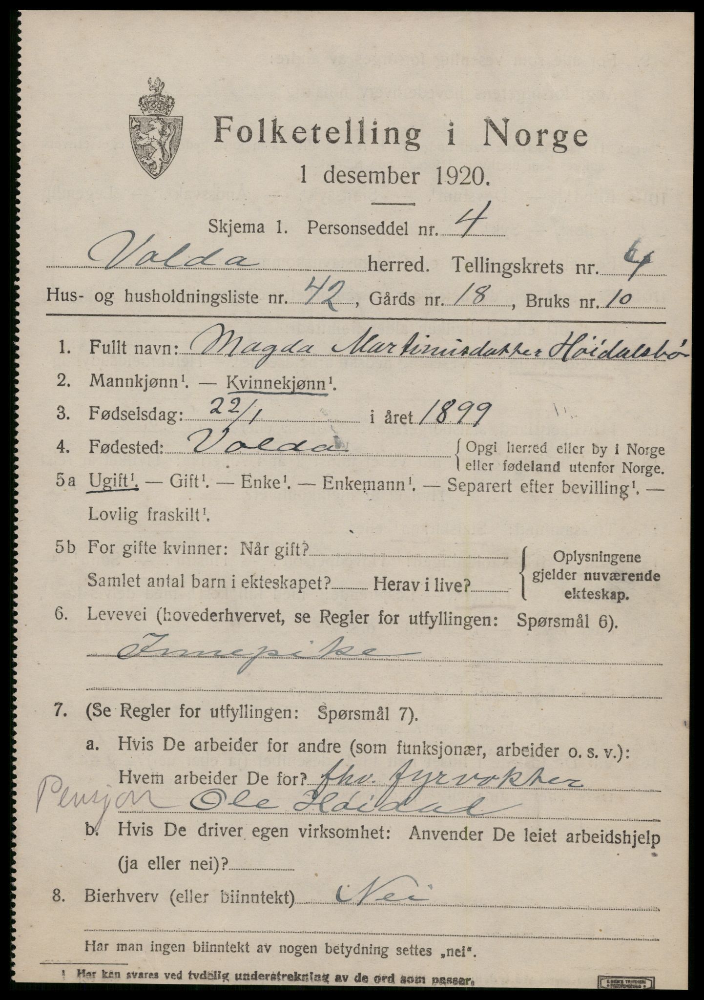 SAT, 1920 census for Volda, 1920, p. 3682