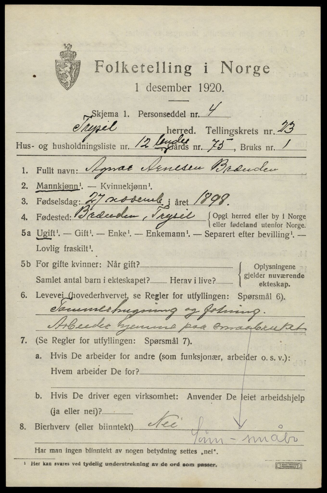 SAH, 1920 census for Trysil, 1920, p. 14979