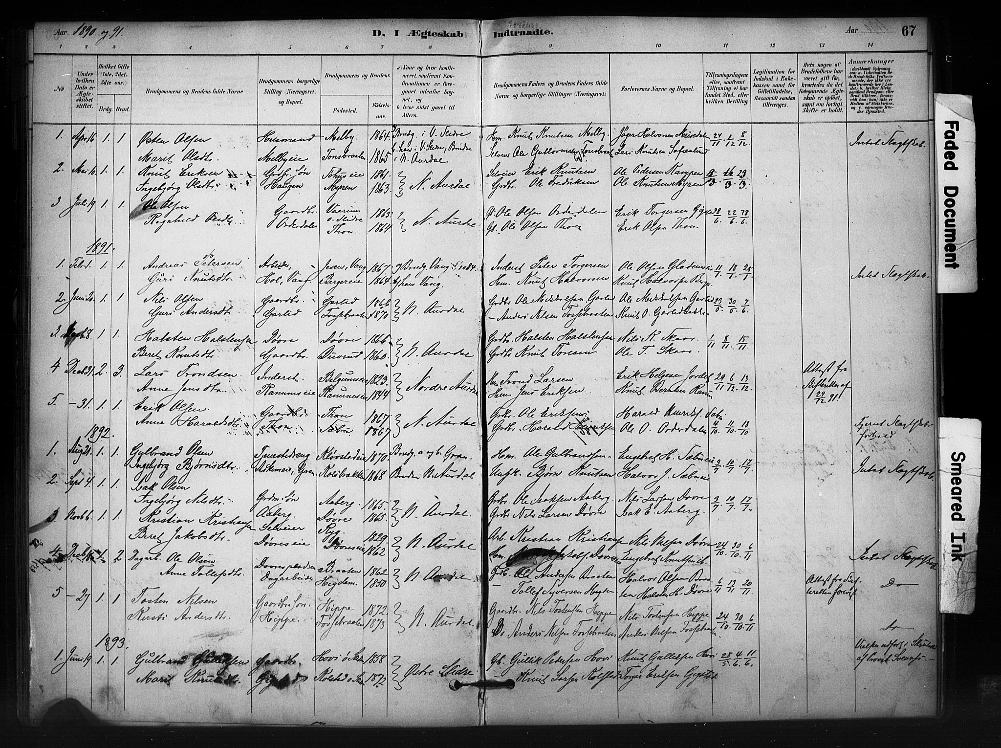 Nord-Aurdal prestekontor, AV/SAH-PREST-132/H/Ha/Haa/L0012: Parish register (official) no. 12, 1883-1895, p. 67