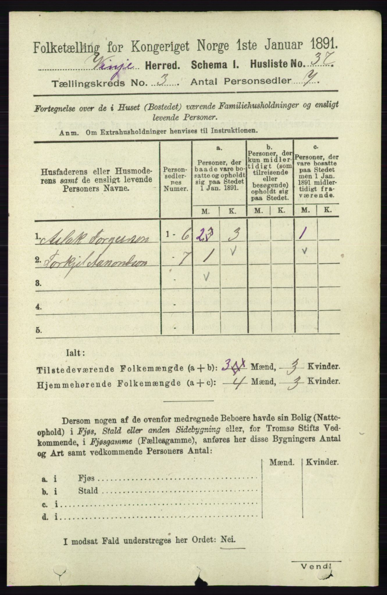 RA, 1891 census for 0834 Vinje, 1891, p. 637