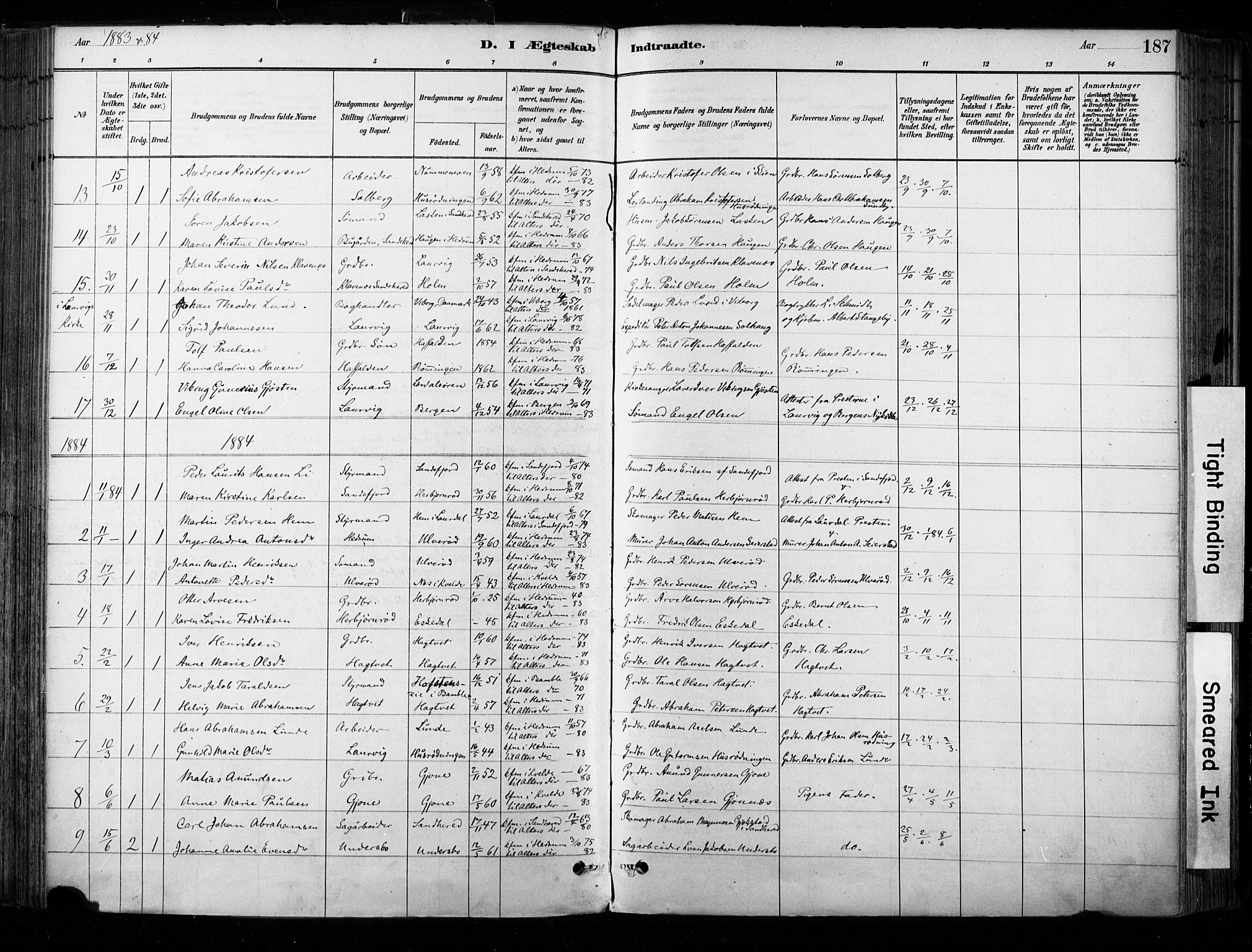 Hedrum kirkebøker, SAKO/A-344/F/Fa/L0009: Parish register (official) no. I 9, 1881-1903, p. 187