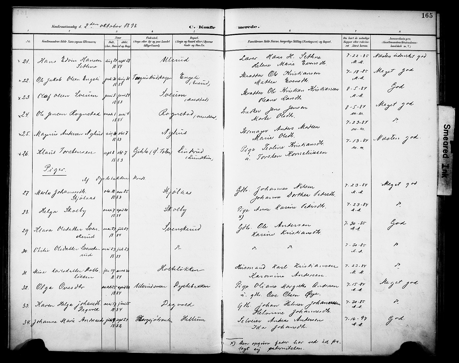 Vestre Toten prestekontor, AV/SAH-PREST-108/H/Ha/Haa/L0013: Parish register (official) no. 13, 1895-1911, p. 165