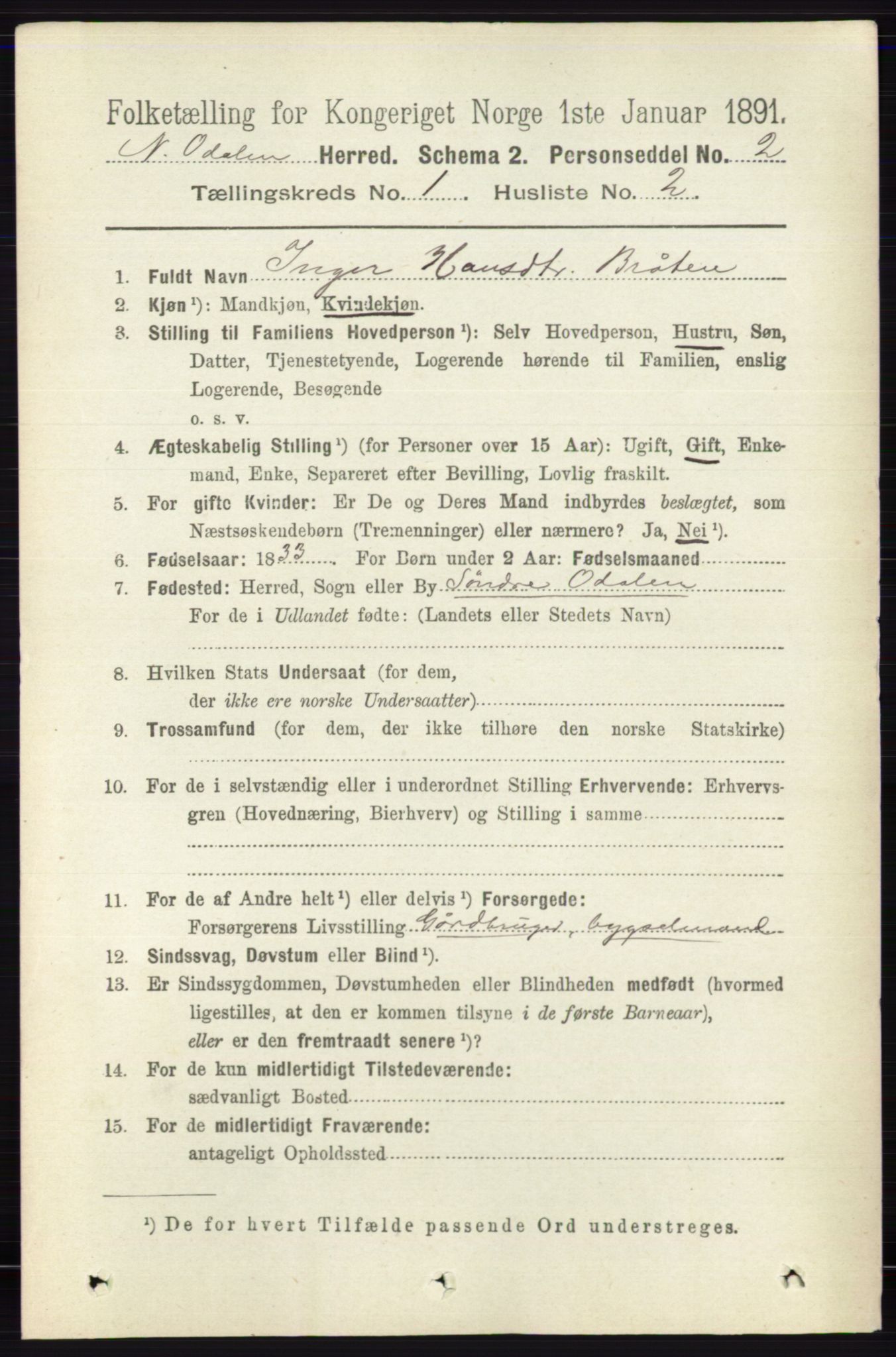 RA, 1891 census for 0418 Nord-Odal, 1891, p. 93