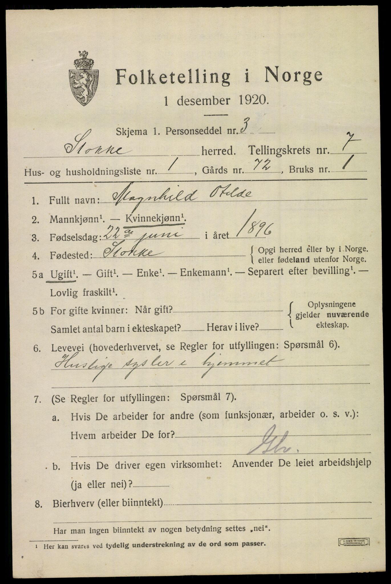 SAKO, 1920 census for Stokke, 1920, p. 7854