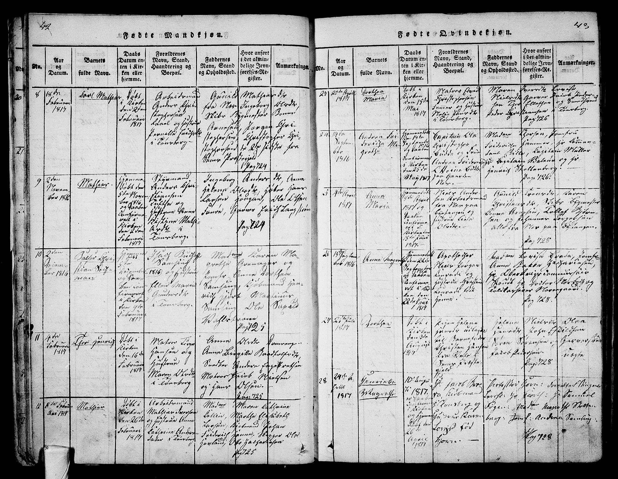 Tønsberg kirkebøker, AV/SAKO-A-330/F/Fa/L0004: Parish register (official) no. I 4, 1813-1826, p. 42-43