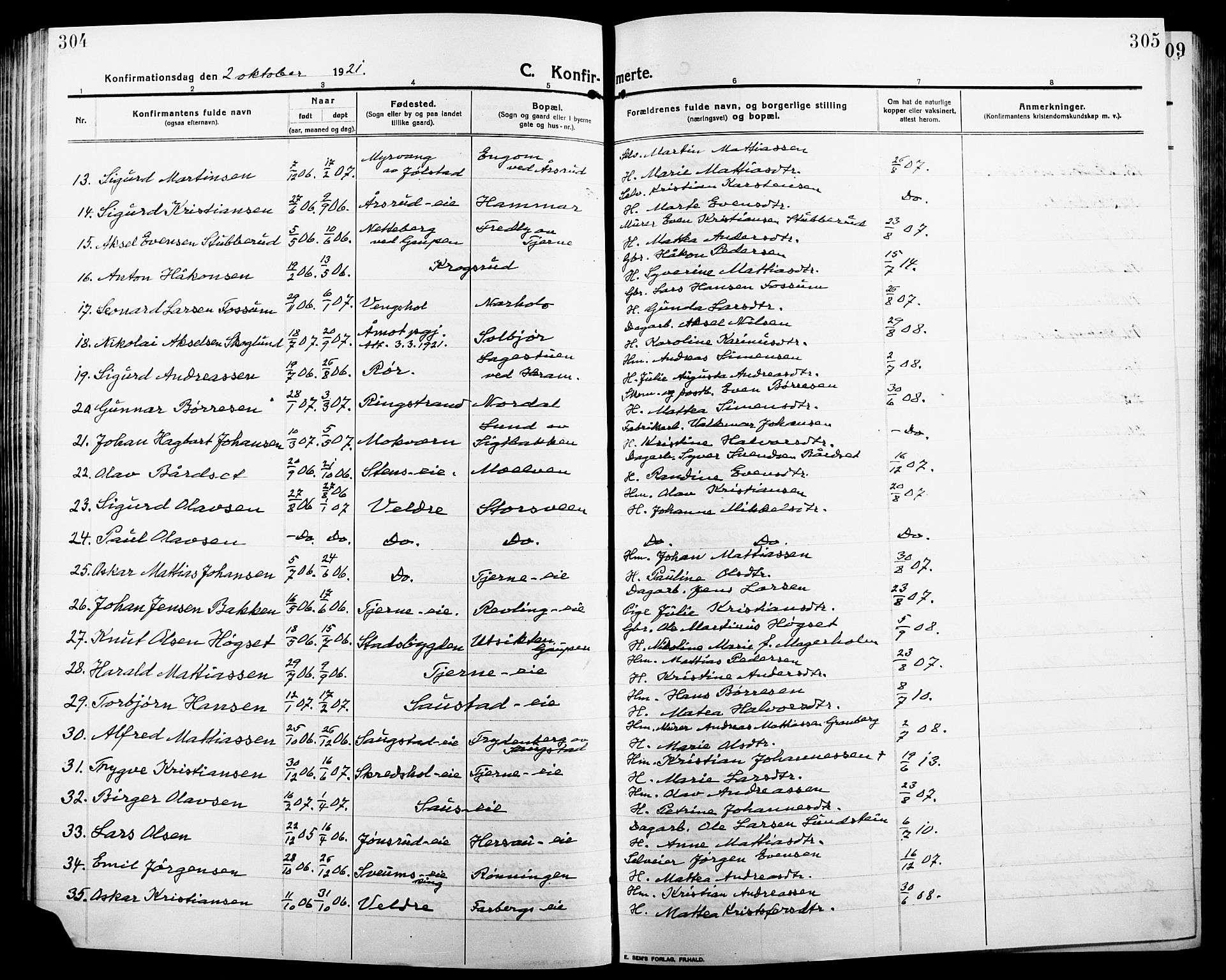 Ringsaker prestekontor, AV/SAH-PREST-014/L/La/L0018: Parish register (copy) no. 18, 1913-1922, p. 304-305