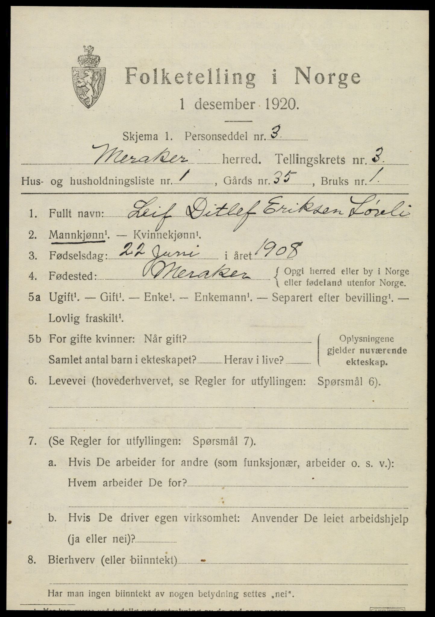 SAT, 1920 census for Meråker, 1920, p. 3098