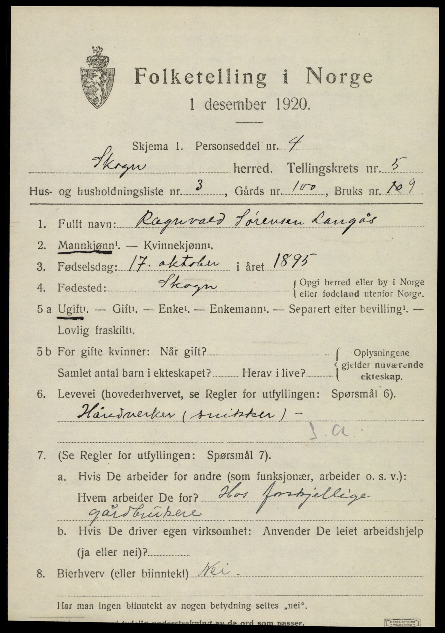 SAT, 1920 census for Skogn, 1920, p. 6507